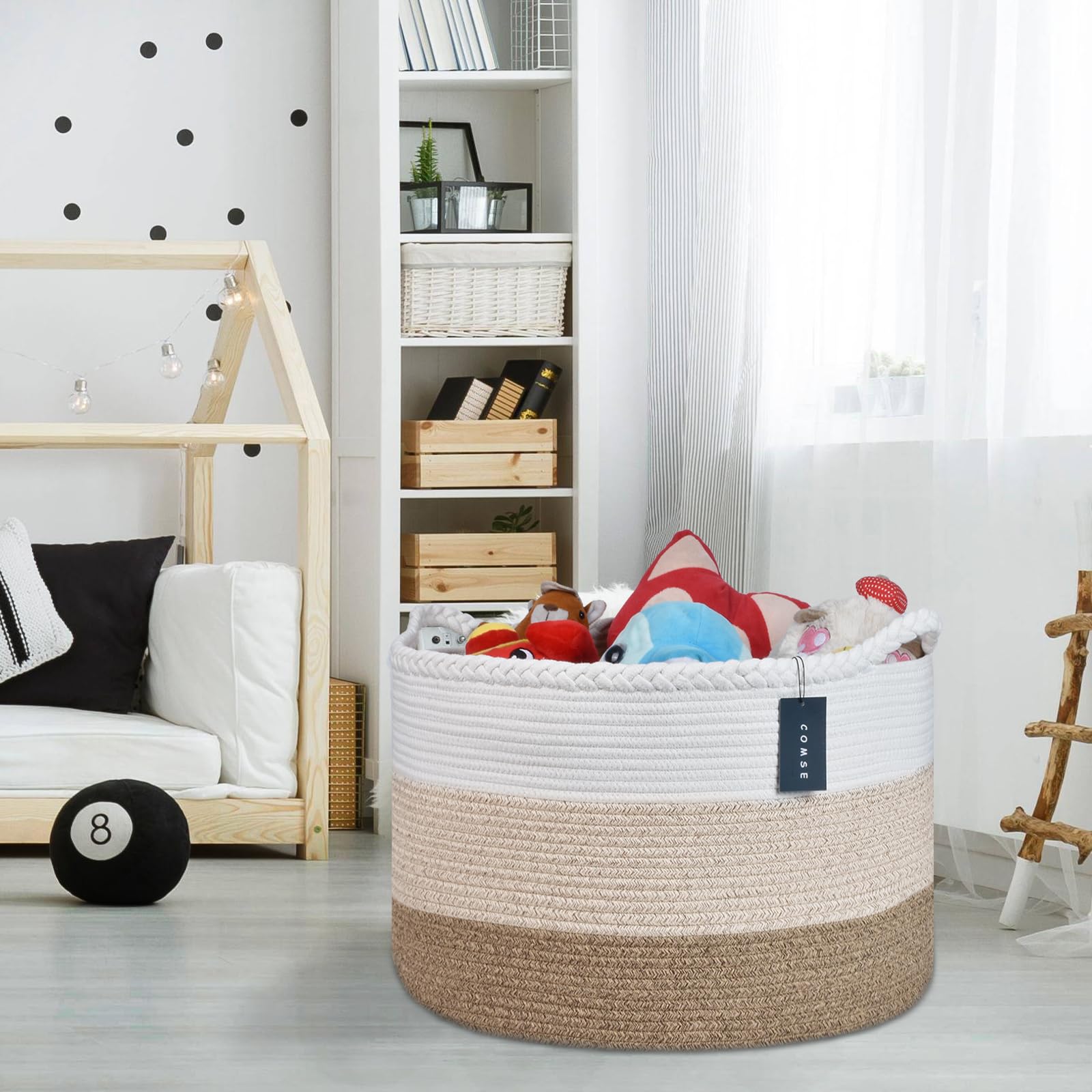 COMSE Extra Large Blanket Basket  Storage Basket  Laundry Basket  21.7?x 13.8?  Laundry Hamper  Cotton Rope Basket  Blanket Basket Living Room  Toy Basket (White & Gradient Brown)