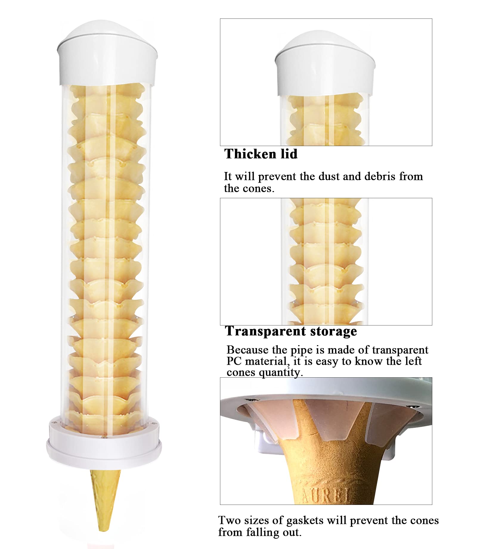 Kunhewuhua Ice Cream Cone Dispenser-16L X 3 Dia Plastic Tube With 1.6-2.6Ins 2.4-3 Ins Gasket