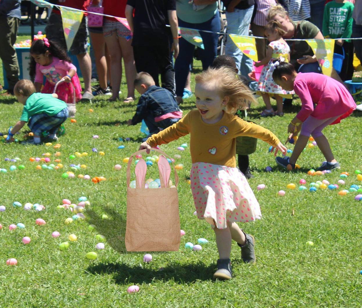 Kefan 6 Pack Easter Bunny Bags Easter Bunny Baskets Jute Burlap Bunny Ear Tote Bags (Easter Bags 02)