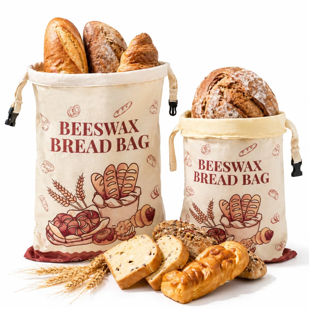 Bread Bags for Homemade Bread - 2 Pack XL Reusable Organic Beeswax Linen Cotton Sourdough Bread Bag, Eco-Friendly Bread Storage 
