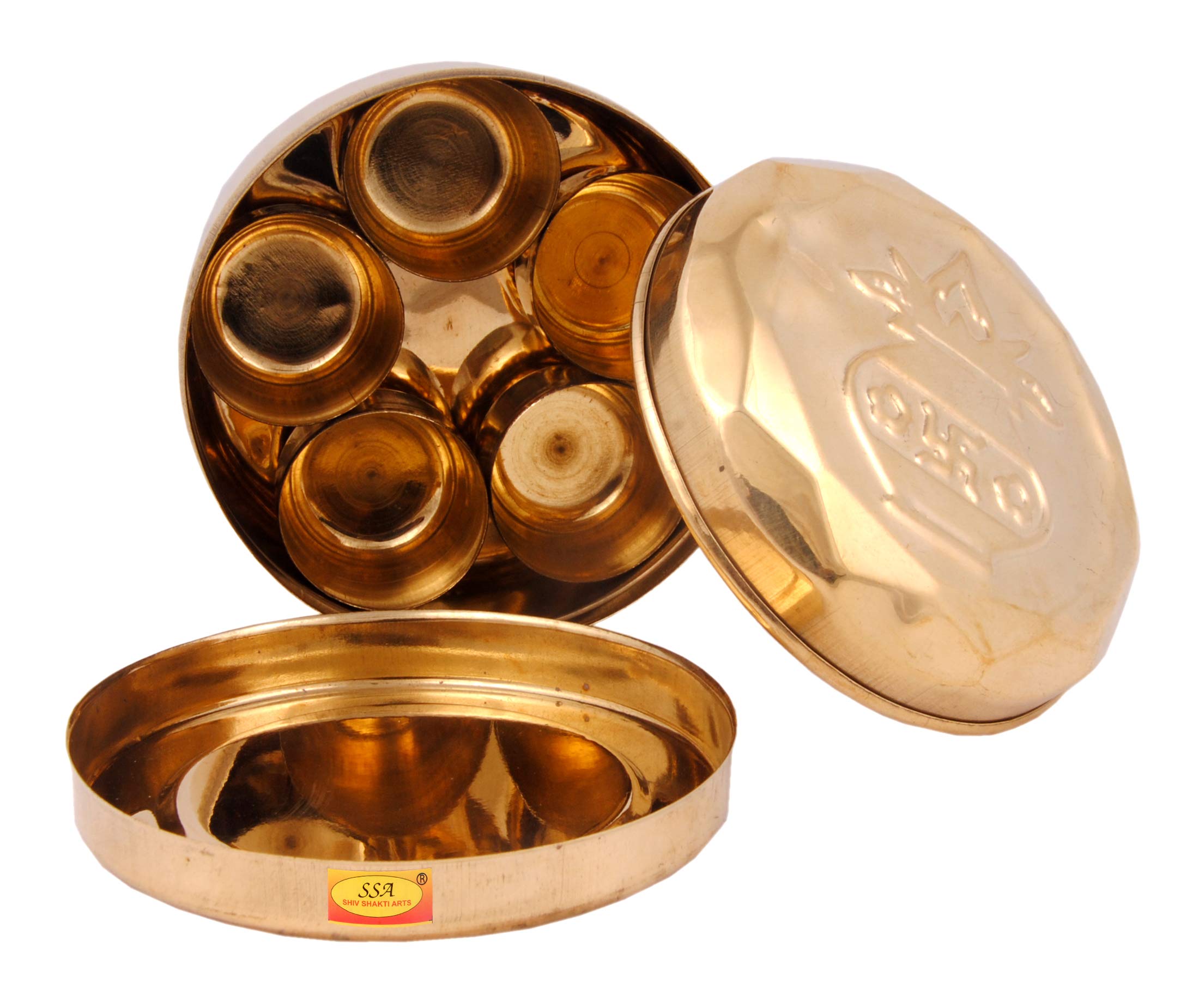 Shiv Shakti Arts Pure Brass Box - Small Mandir Roli / Chawal / Chandan /Kumkum Puja Box / Dibbi With 5 Containers (Small | Diame