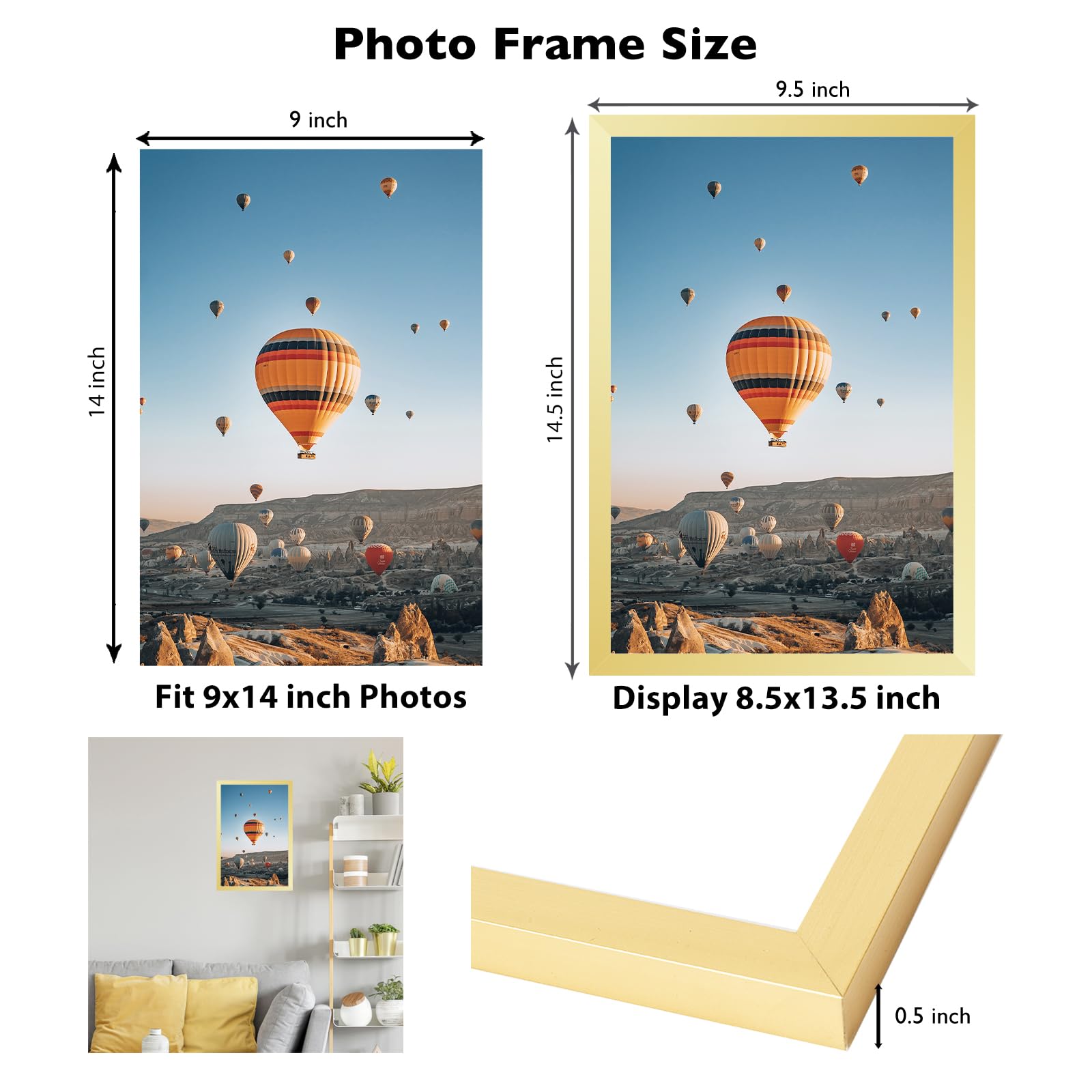 JCJMY 9x14 Picture Frame Gold for Wall Hanging, Wall Mounting Horizontally or Vertically, 9 x 14 Wall Gallery Poster Photo Frame