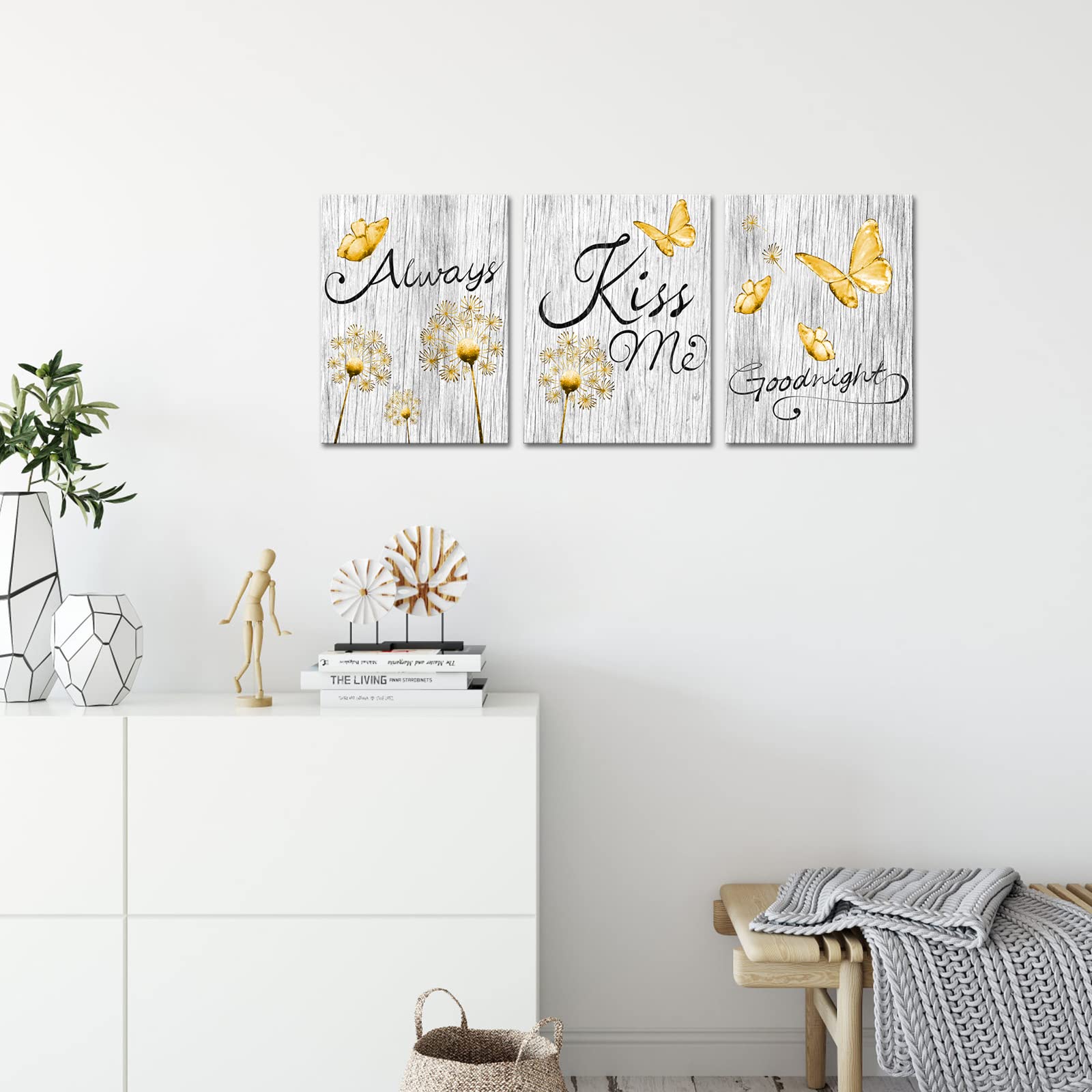 Visual Art Decor Yellow Picture For Bedroom Decor Rustic Yellow Butterfly Always Kiss Me Goodnight Sweat Words Picture Framed Ar