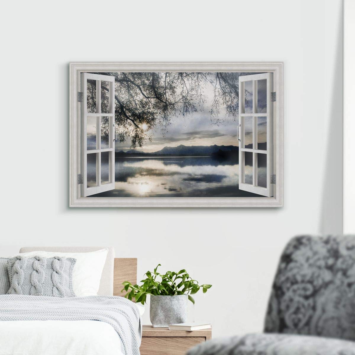 Renditions Gallery Canvas Nature Wall Art Home Paintings & Prints Serene Mountain Lake Reflection Modern Winter Window View Wall