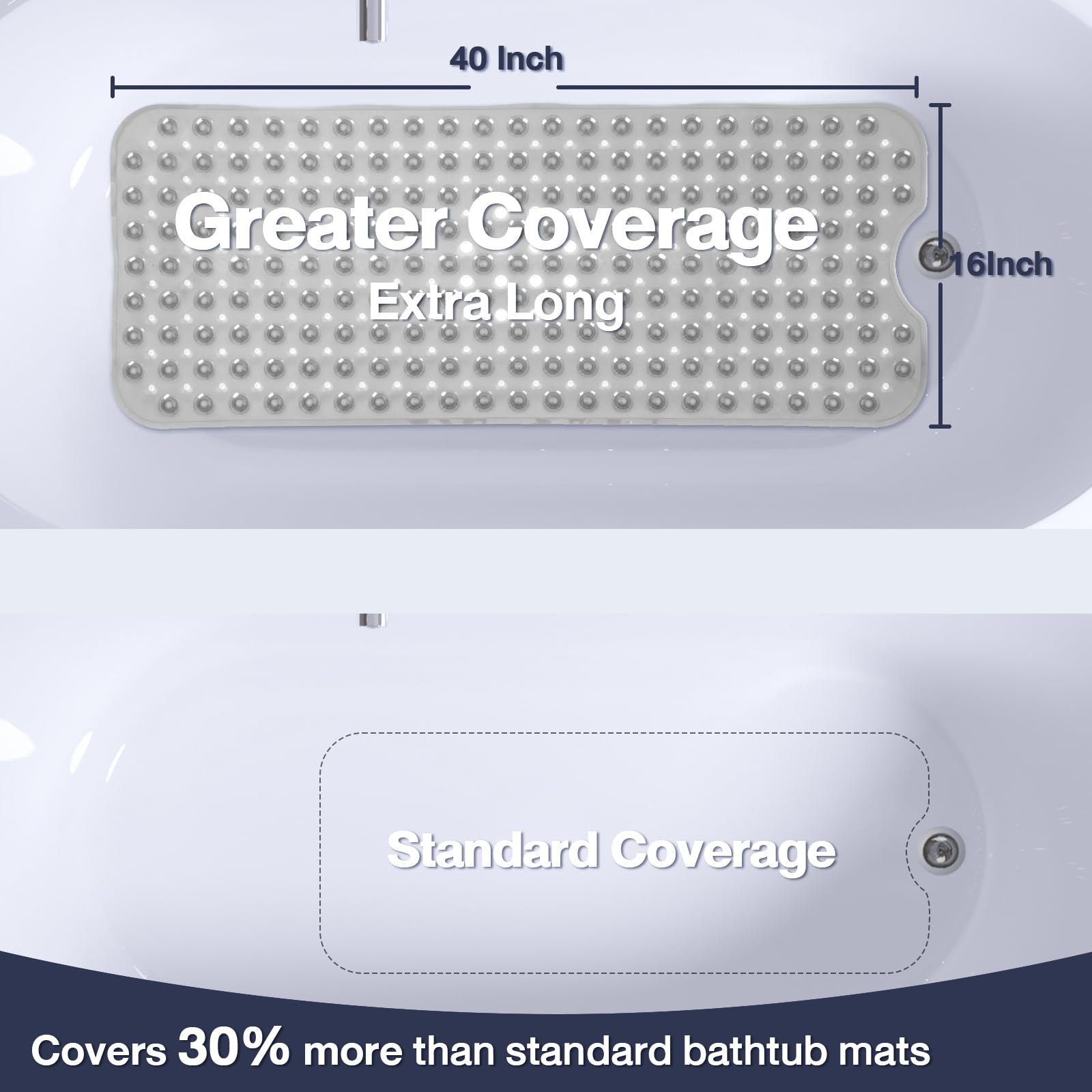 Naoloture Extra Long Bathtub Mat Non Slip, Clear Gray Soft Bath Mat For Tub 40 X 16 Inch Full Size, Bath Tub Shower Mats For Bat