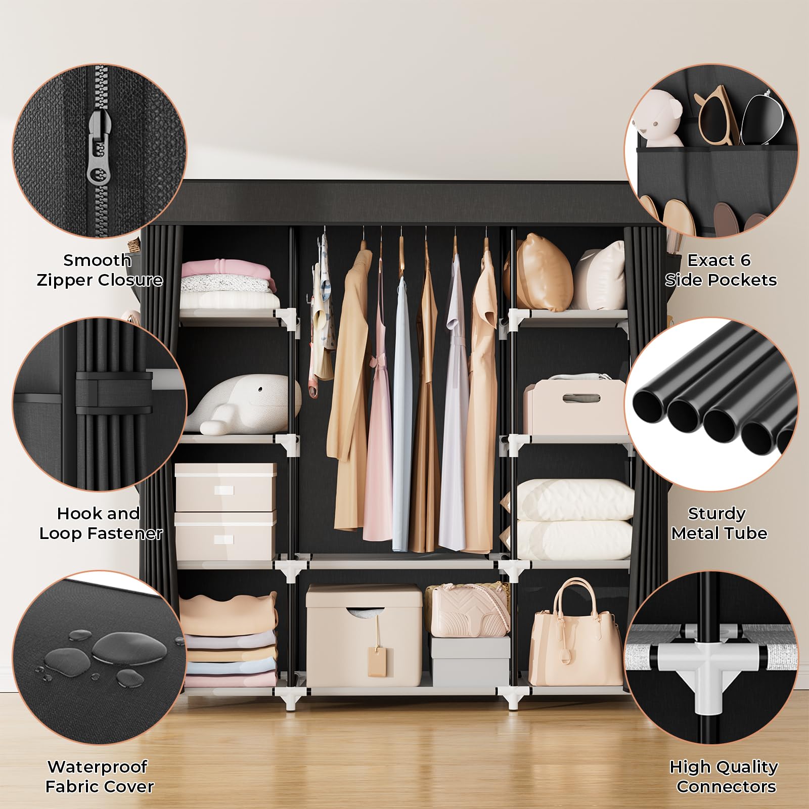 Vtrin Portable Closet Wardrobe For Hanging Clothes 57.3 Inch Large Capacity Clothes Rack With Cover, 10 Storage Organizer Shelve