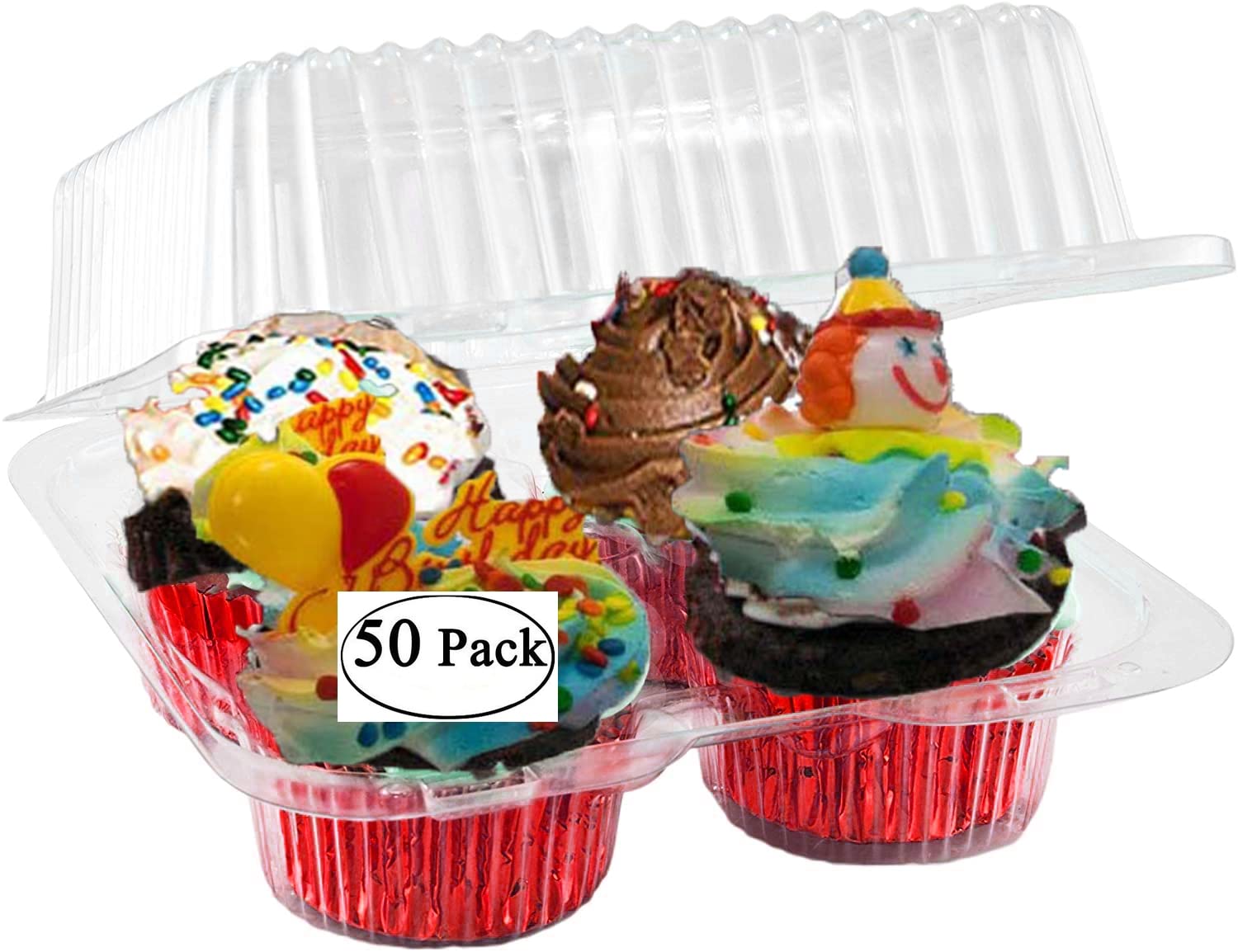 Pizety 50 Pack 4 Cavity Cupcake Container Quality Strong Muffin Cupcake Containers With Superior Hinged 4 Compartment Cupcake Bo