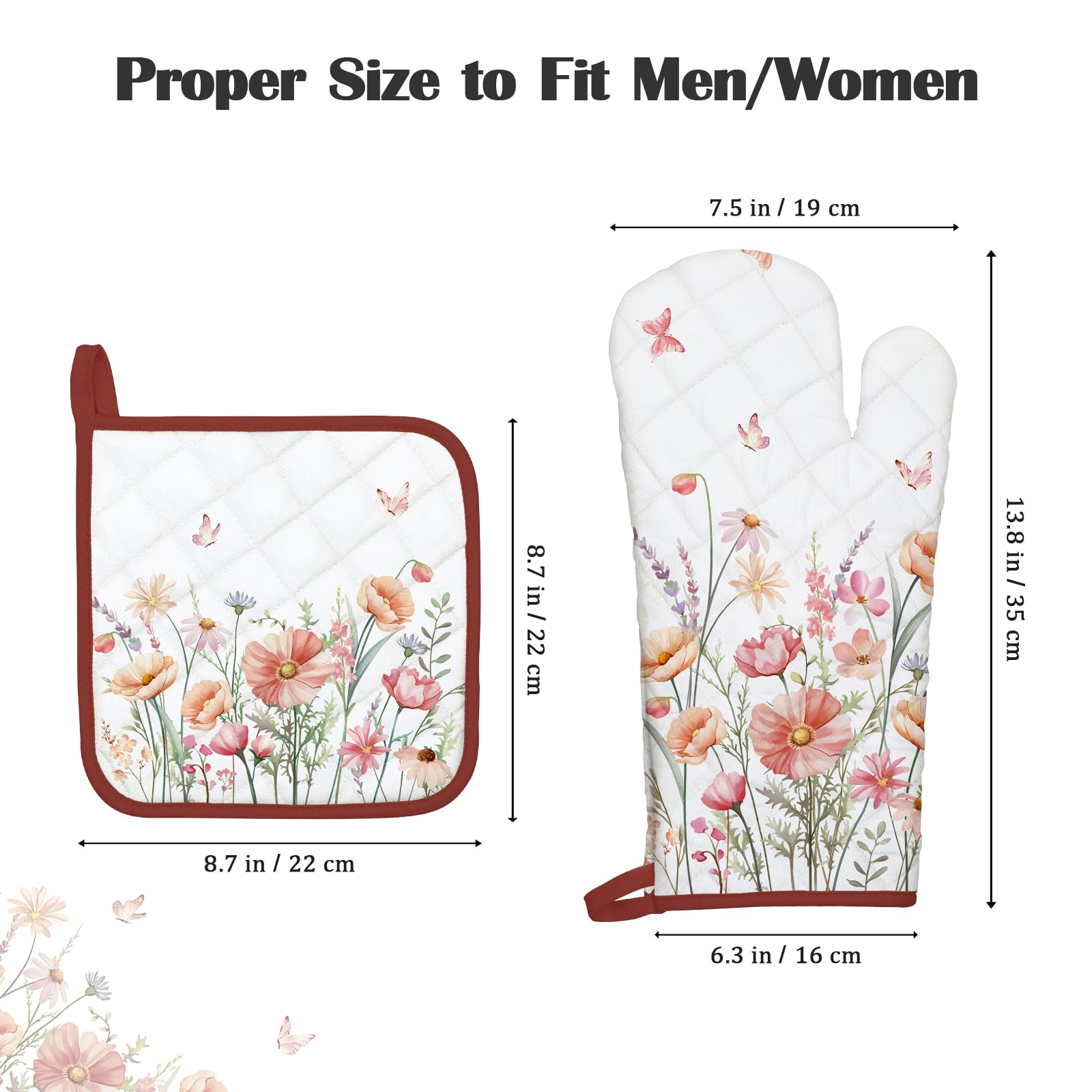 Arquiel Pink Floral Oven Mitts And Pot Holders Sets 2Pcs, 100% Cotton Heat Resistant, Extra Long Oven Gloves Potholder For Kitch