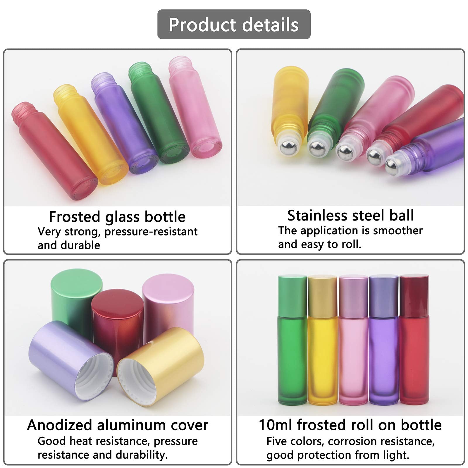 Jiuwu 10Pcs 10Ml 1/3 Oz Essential Oils Stainless Steel Roller-On Bottles Refillable Perfume Organic Beauty Stainless Steel Frost