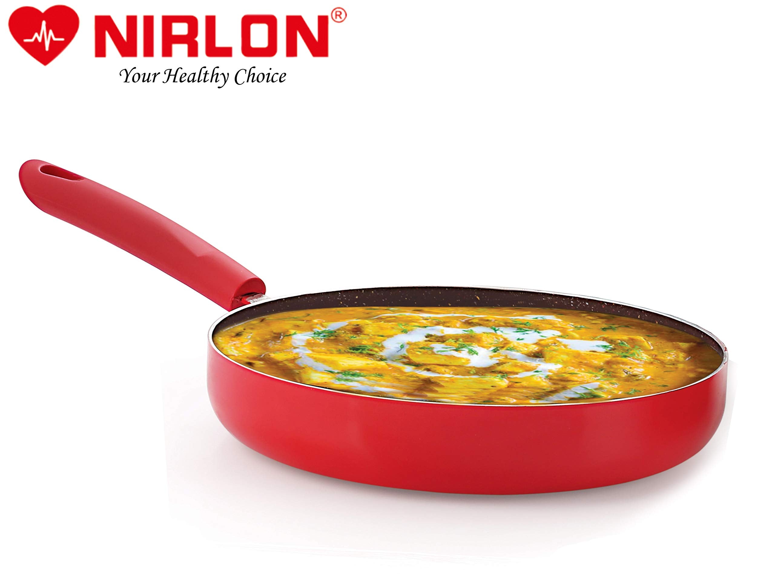 Nirlon Red Stone Aluminium Non-Stick Induction Base Fry Pan With Glass Lid