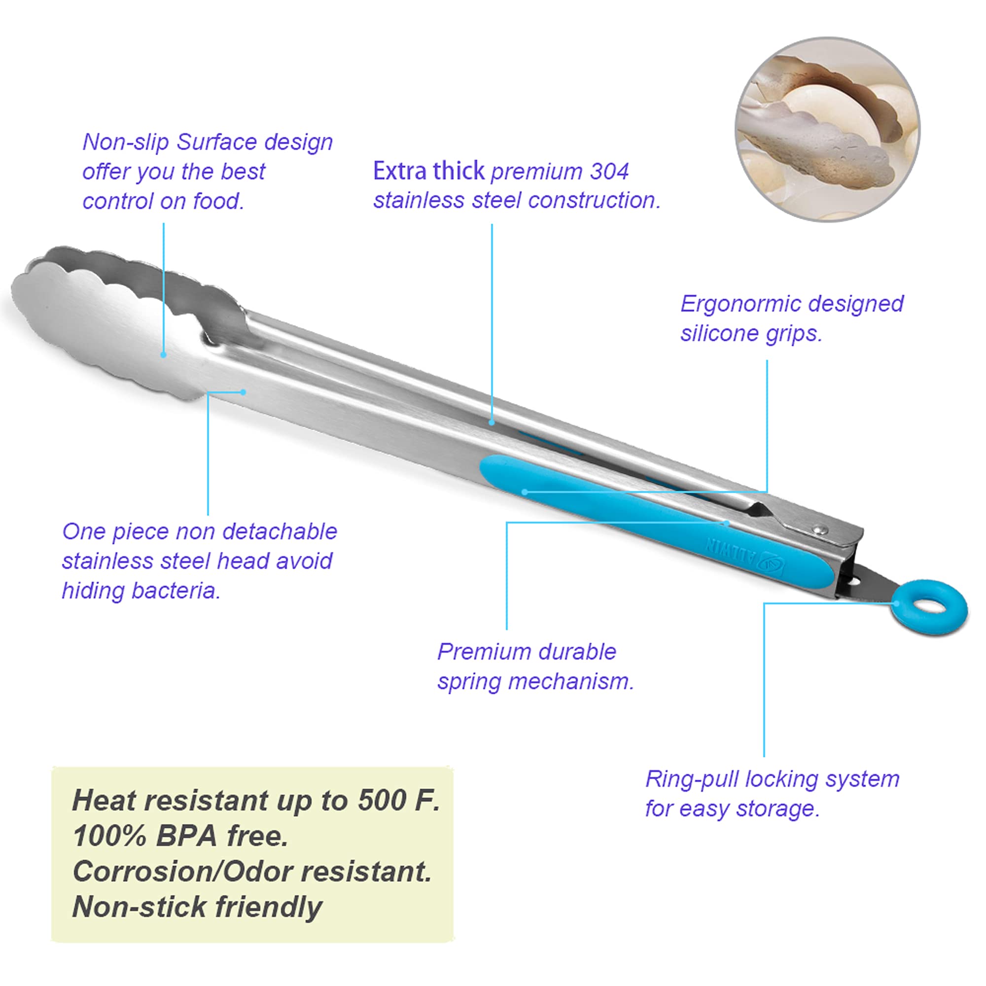 304 Stainless Steel Kitchen Cooking Tongs,9 '' And 12 '' Set Of 4 Sturdy Grilling Barbeque Brushed Locking Food Tongs With Ergon