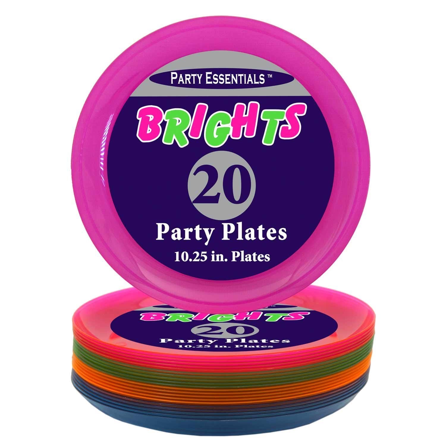 Party Essentials Hard Plastic 10.25-Inch Party/Dinner Plates, Assorted Neon, 20-Count