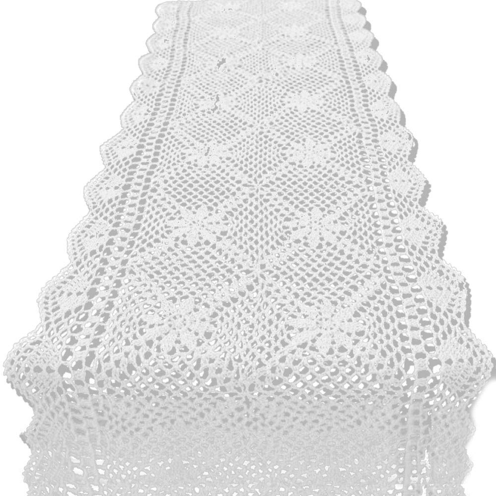 Kepswet 14X72 Inch White Cotton Crochet Lace Rectangular Table Runner Handmade Table Decoration