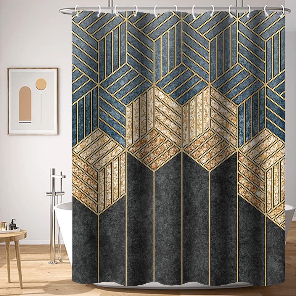Umpoo Modern Abstract Geometric Shower Curtains 72X72 Inch Gold Lines Hexagon Black Grey Wall Luxury Art Shower Curtain Set With
