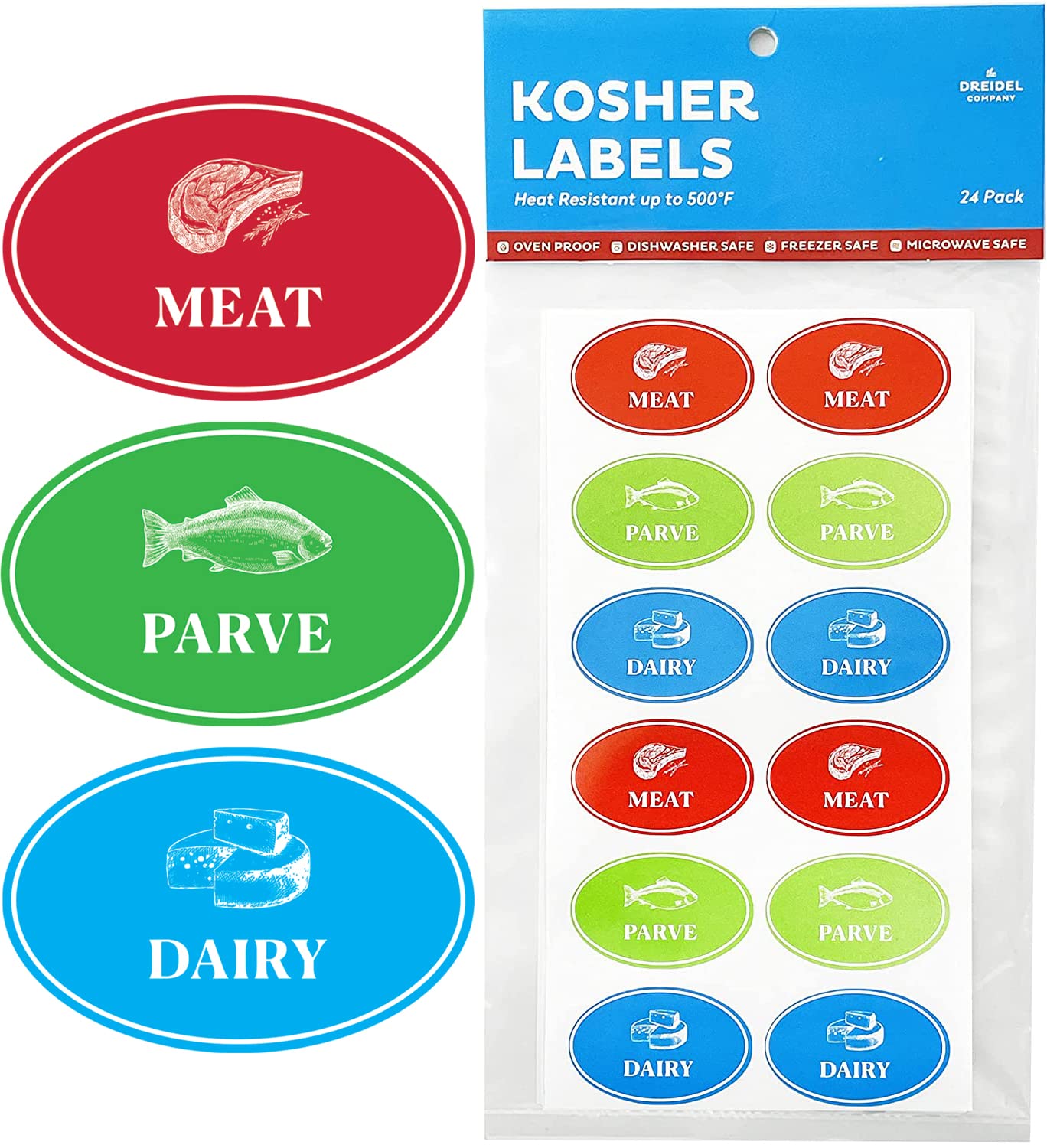 The Dreidel Company Assorted Kosher Labels, 16 Blue Dairy, 16 Red Meat, 16 Green Parve Stickers, Oven Proof Up To 500, Freezable