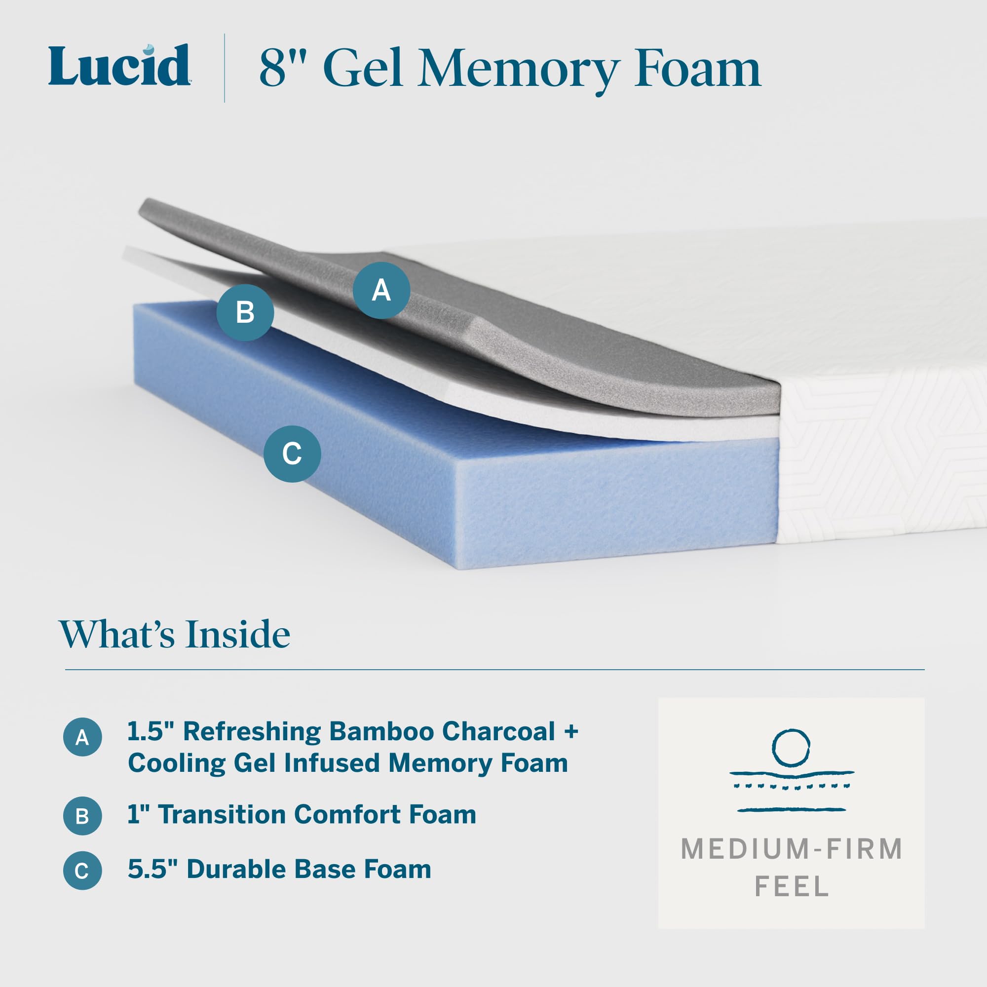 Lucid 8 Inch Memory Foam Mattress - Medium Firm Feel - Infused with Refreshing Bamboo Charcoal and Cooling Gel - Bed in a Box -