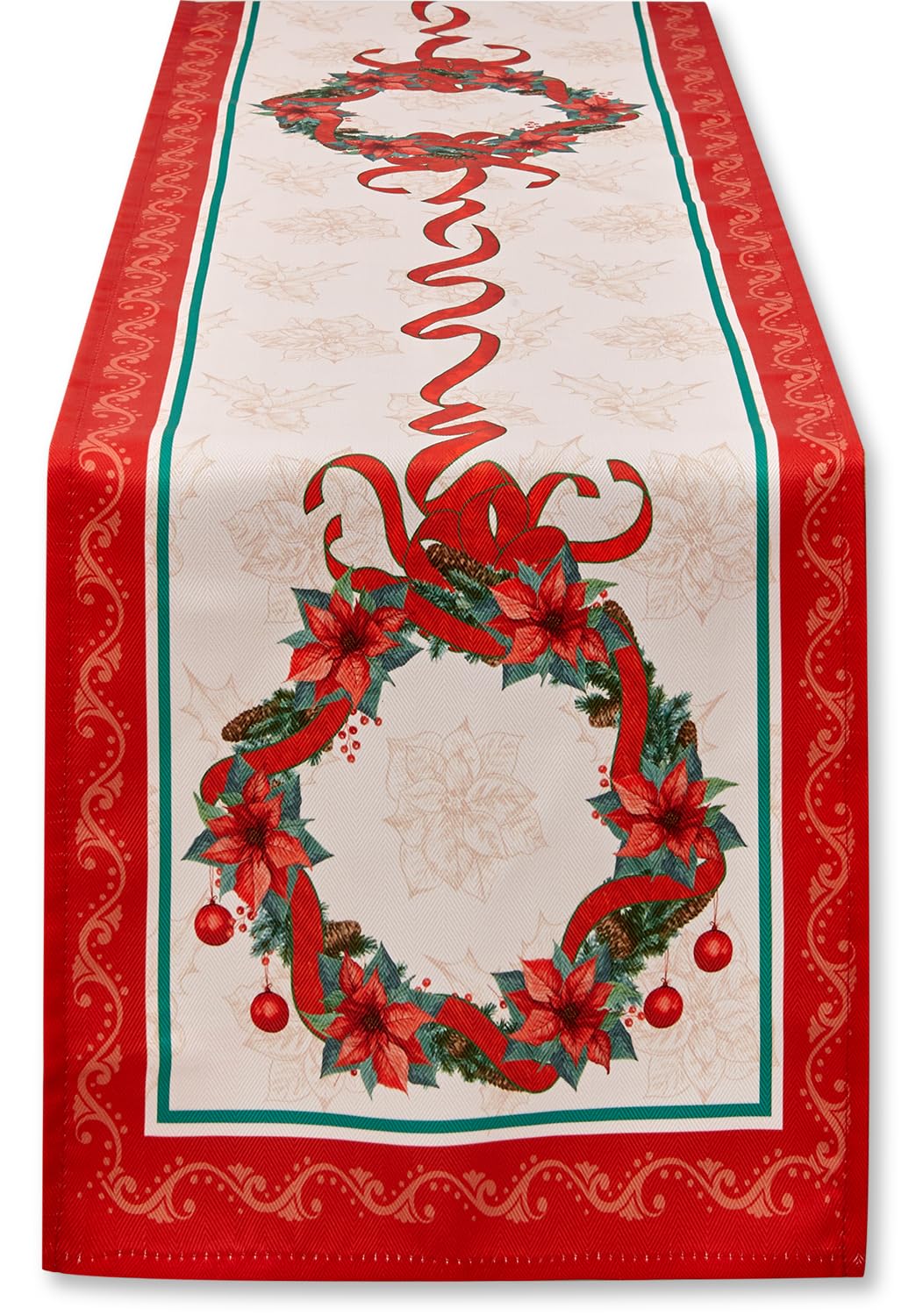 YiHomer Poinsettia Ribbon Engineered Printed Fabric Christmas Tabletop for Xmas Winter Holiday, Christmas Time, Table Runner, 14
