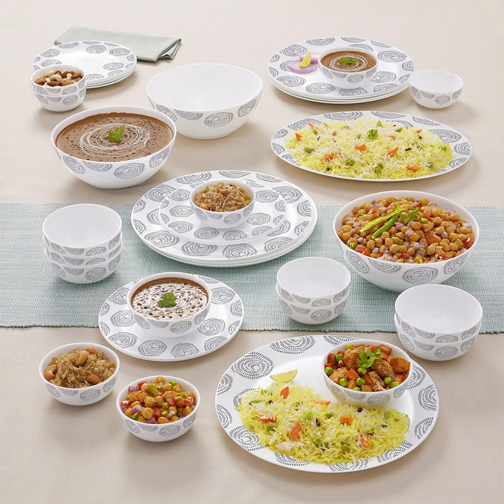 Larah By Borosil Moon Moonbeam Dinner Set  36 Pcs, Opal Glass Dinner Plates & Bowls Crockery Set For Dinning, White