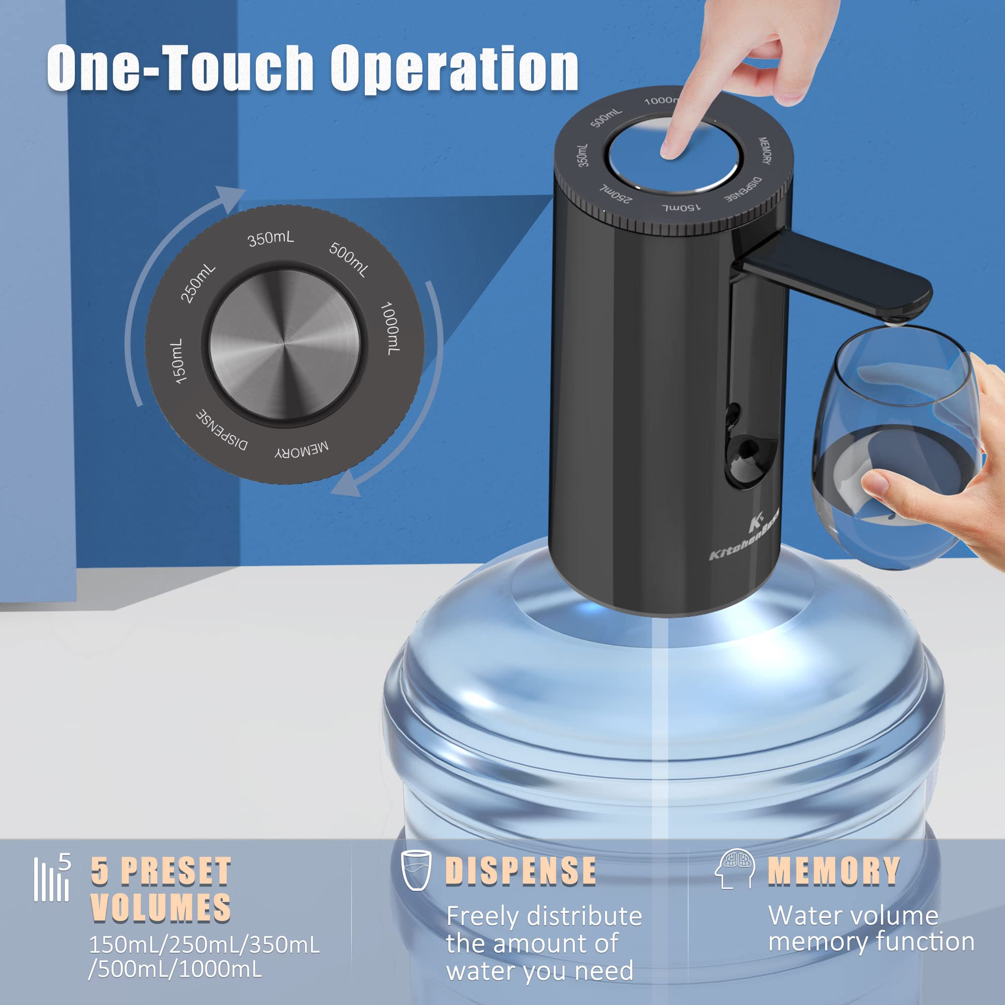 Universal Water-Bottle Pump Dispenser 5-Gallon: KitchenBoss Foldable Automatic Water Bottle Pump  Portable Electric Drinking Water Pump USB Charging 1-5 Gallon Water Bottle Switch Onyx Black