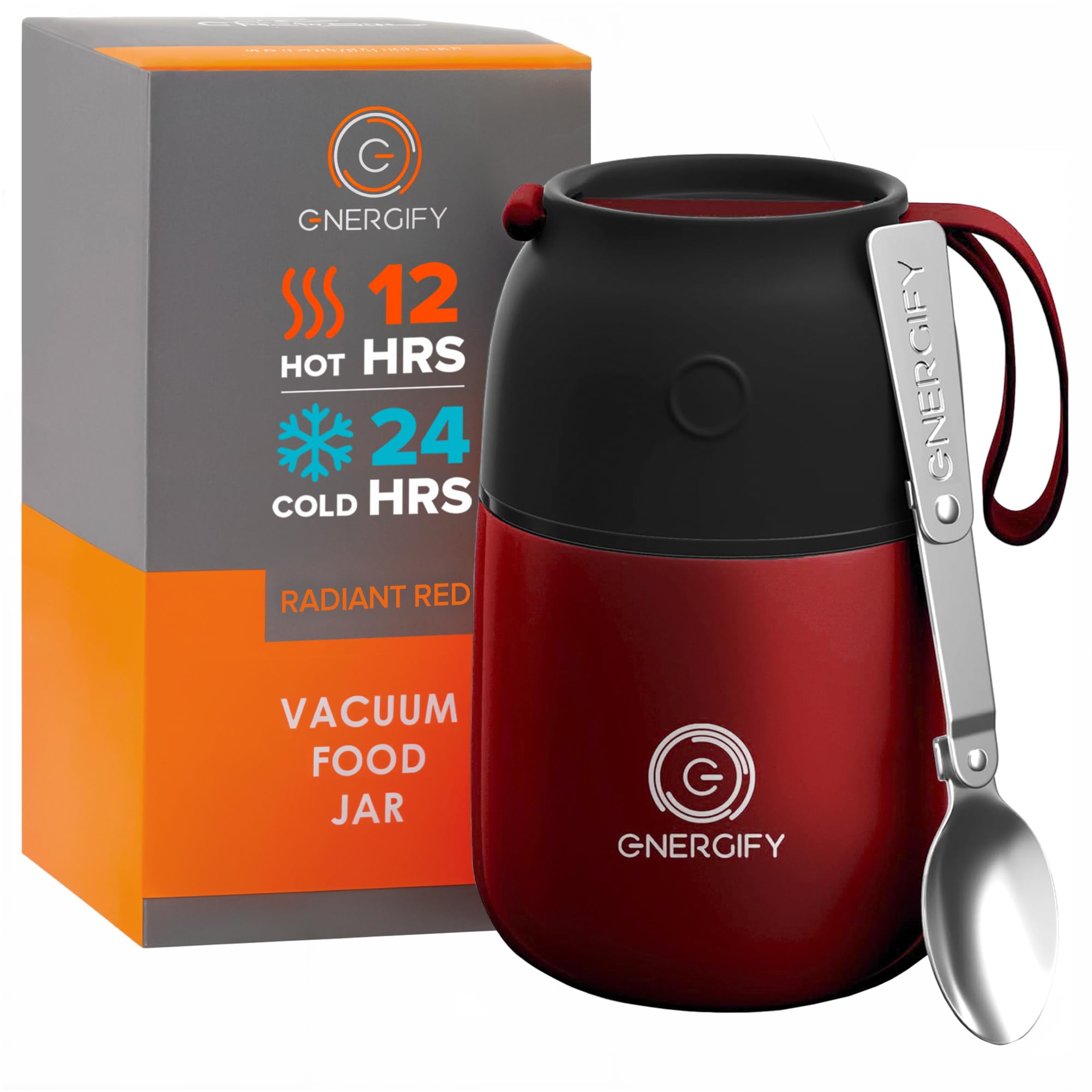 ENERGIFY Vacuum Insulated Food Jar. Large 17oz Bowl incl. Folding Spoon, Cup. Wide Mouth Keep Hot & Cold Drinks Soup Lunch Conta