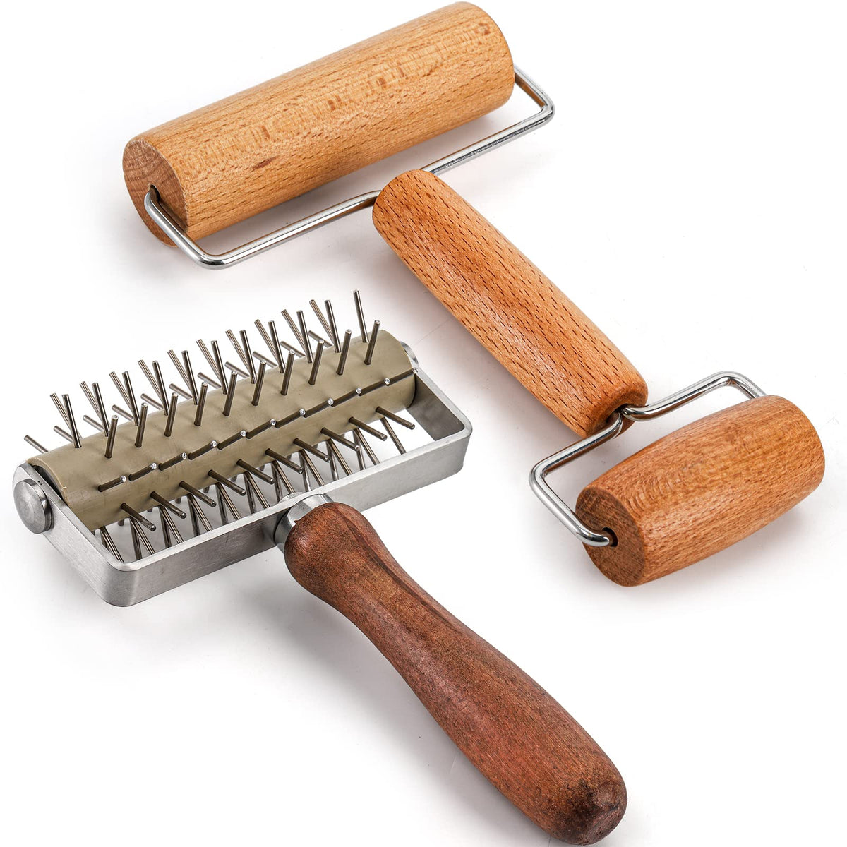 Hiceeden Set Of 2 Pizza Dough Roller & Dough Docker, Stainless Steel Dough Hole Maker Puncher Wooden Rolling Pin For Pizza, Cook