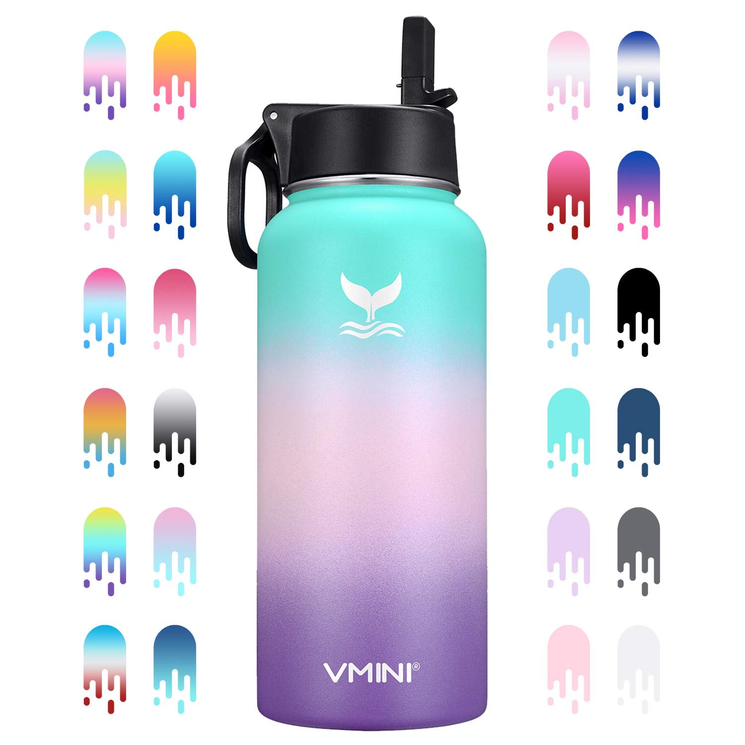 Vmini Water Bottle With New Wide Handle Straw Lid, Wide Mouth Vacuum Insulated 18/8 Stainless Steel, 32 Oz, Gradient Mint + Pink