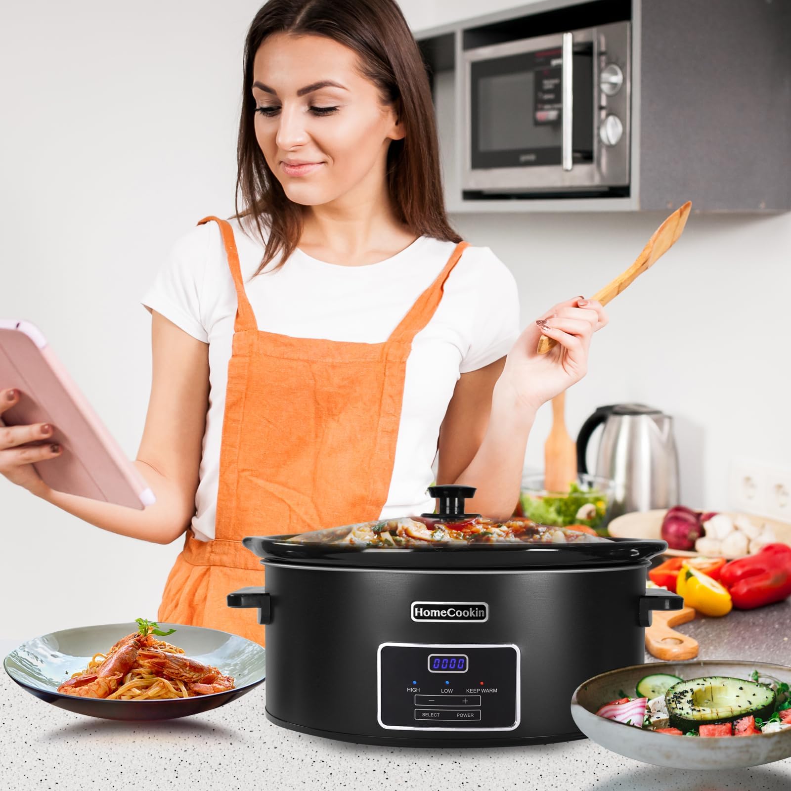 HOMECOOKIN 8 Quart Programmable Slow Cooker, Kitchen Appliances, Perfect Kitchen Small Appliance for Family Dinners, Black Stain