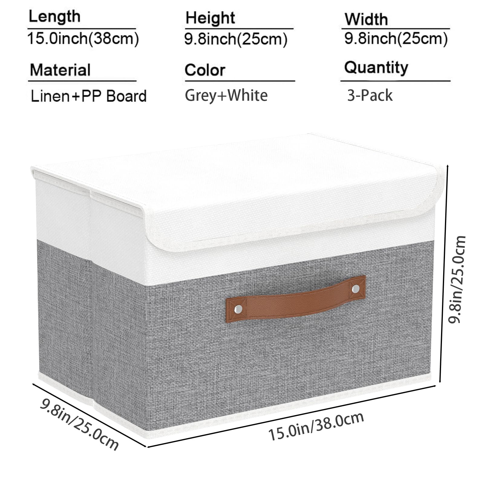 Yawinhe Collapsible Storage Boxes 3 Pack  Linen Fabric Storage Baskets Washable  with Lids and Leather Handle  for Home Bedroom Closet Office  (White/Grey  15.0x9.8x9.8in)  USNK024WGL-3