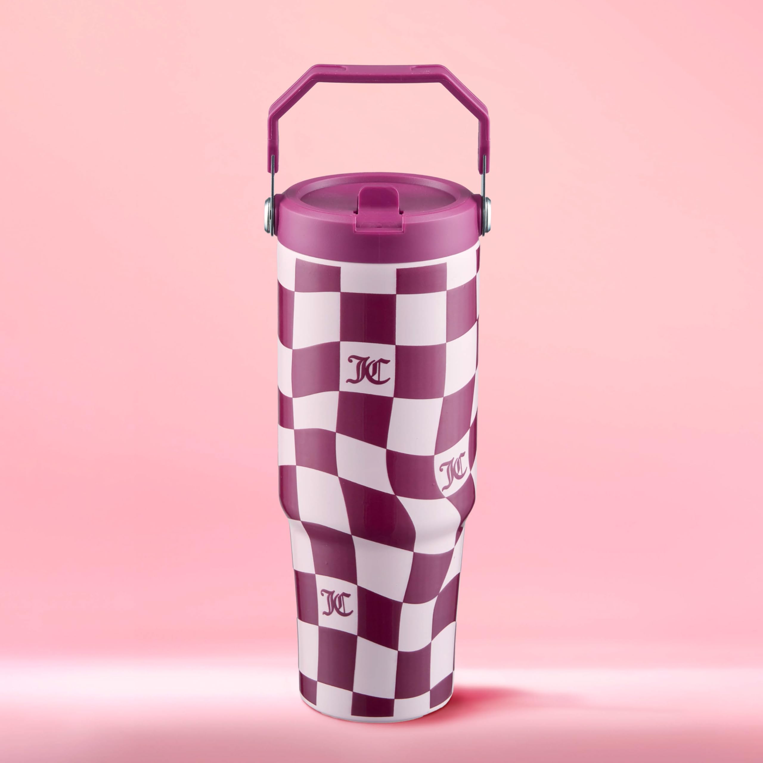 Juicy Couture Flip & Sip Insulated Tumbler with Handle and Straw, 30 oz, Pink Wavy Check