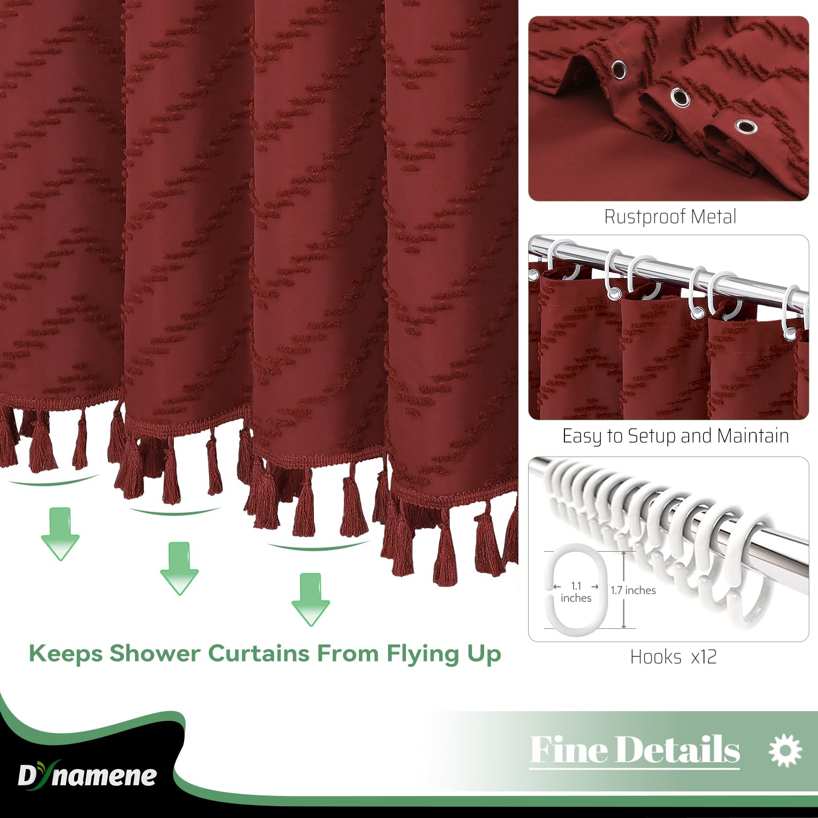 Dynamene Boho Farmhouse Shower Curtain, Burgundy Fabric Tufted Chevron Striped Textured Tassel Shower Curtains For Bathroom, Sha