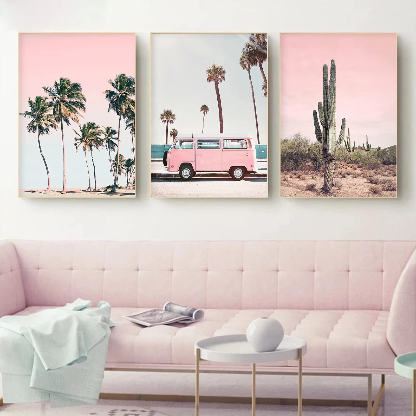 Backymrart Pink Landscape Art Car Wall Decor Beach Palm Tree Canvas Retro Poster And Sunset Scenery Bus Home 16X24Inx3 Frameless