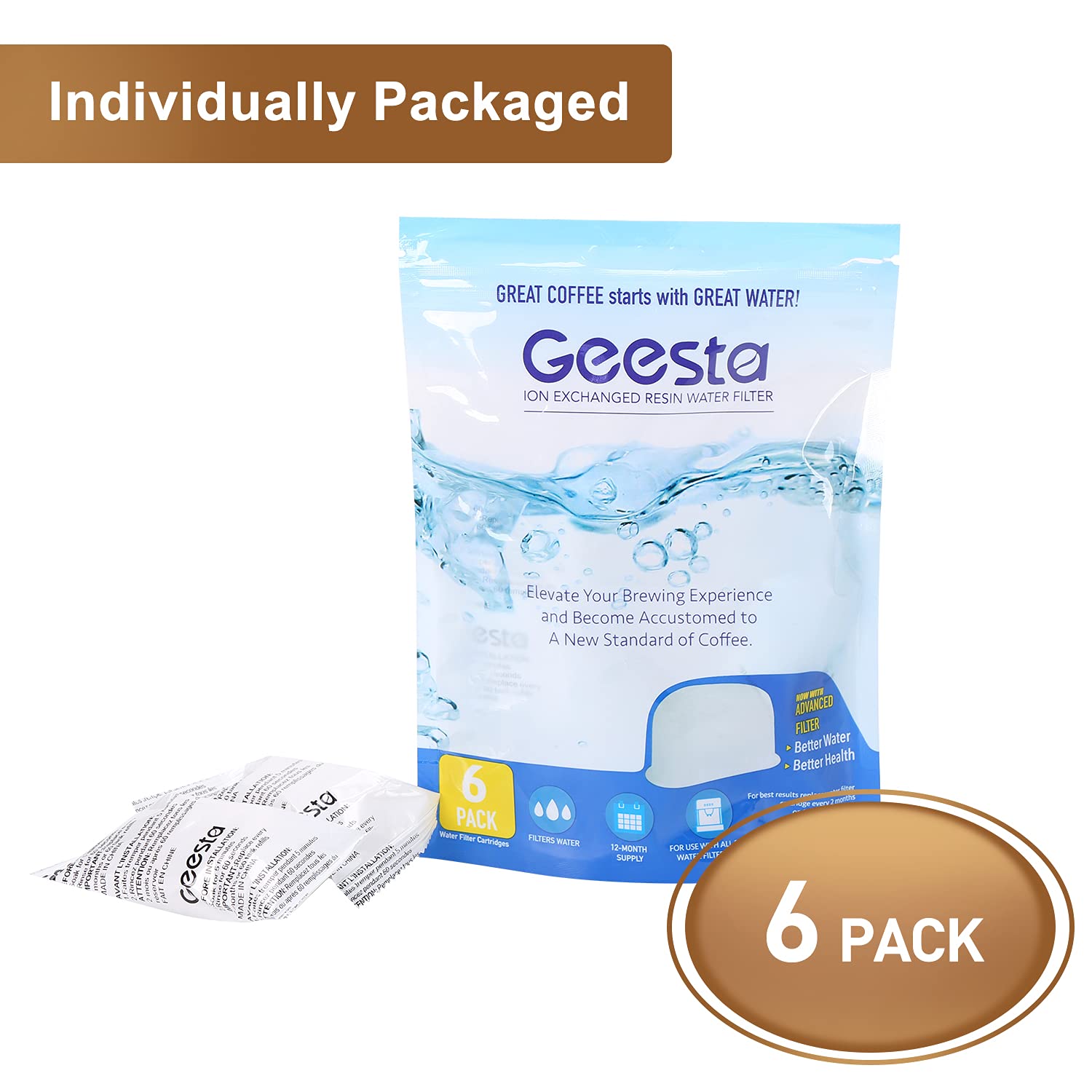 Geesta Premium 6-pack Water Filters For Replacement Breville BWF100 with Ion Exchange Resin inside  white  12.09 x 6.22 x 2.6 inches (FBA_Geesta03)