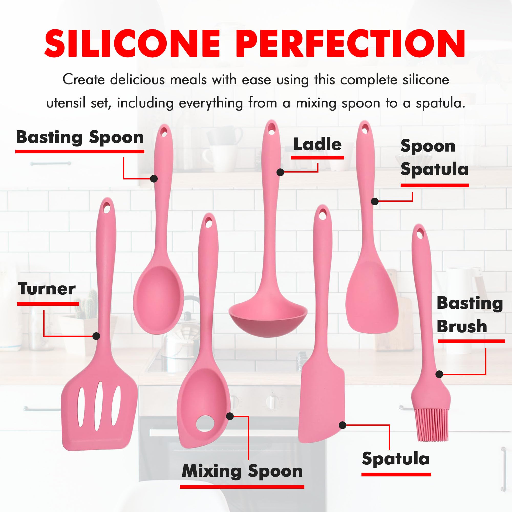 Chef Craft Premium Silicone Kitchen Tool And Utensil, 7 Piece Set, Pink