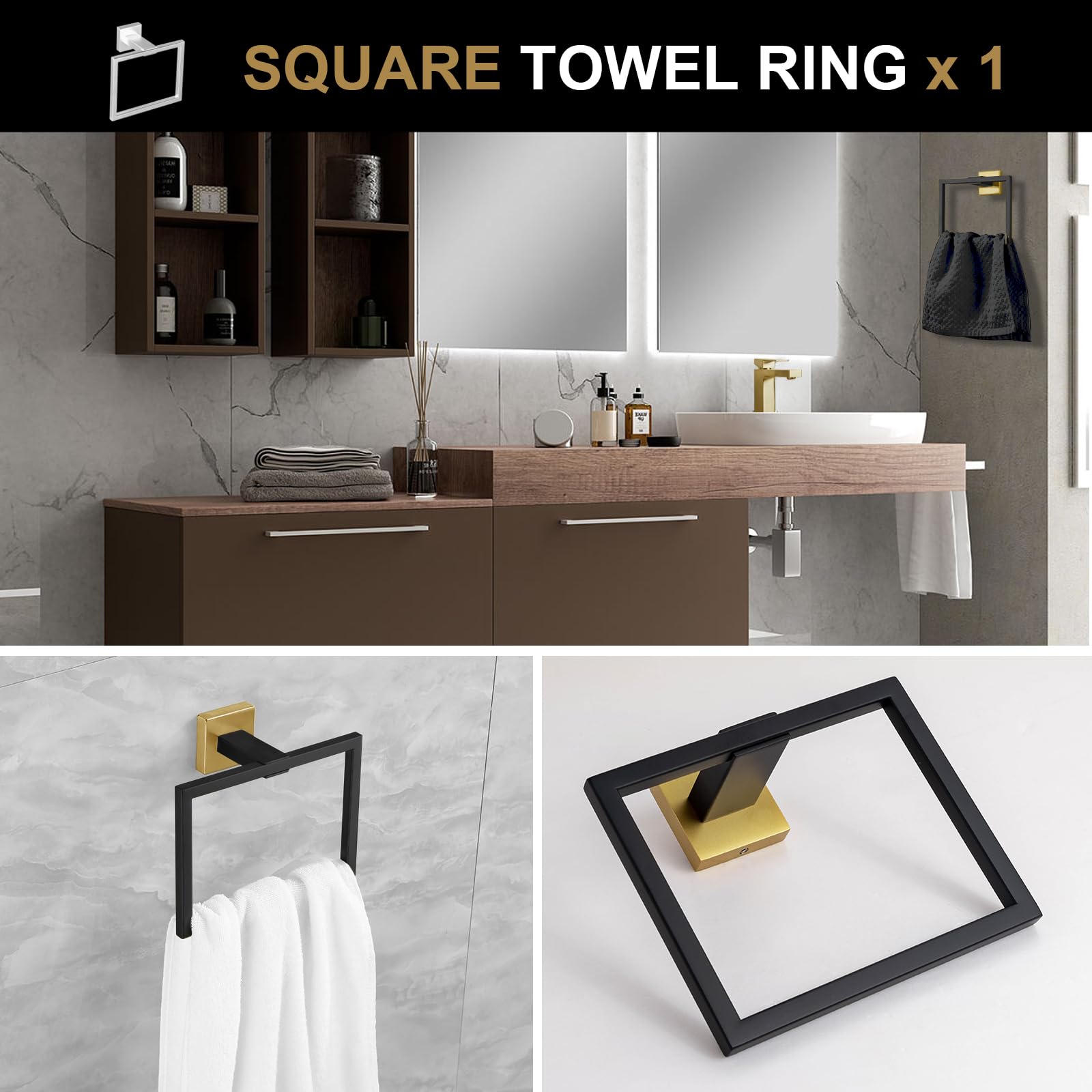 5-Piece Mattle Black And Brushed Gold Bathroom Hardware Accessories Set, Lava Odoro Bath Towel Bar Holder Set Towel Rack Set Sta