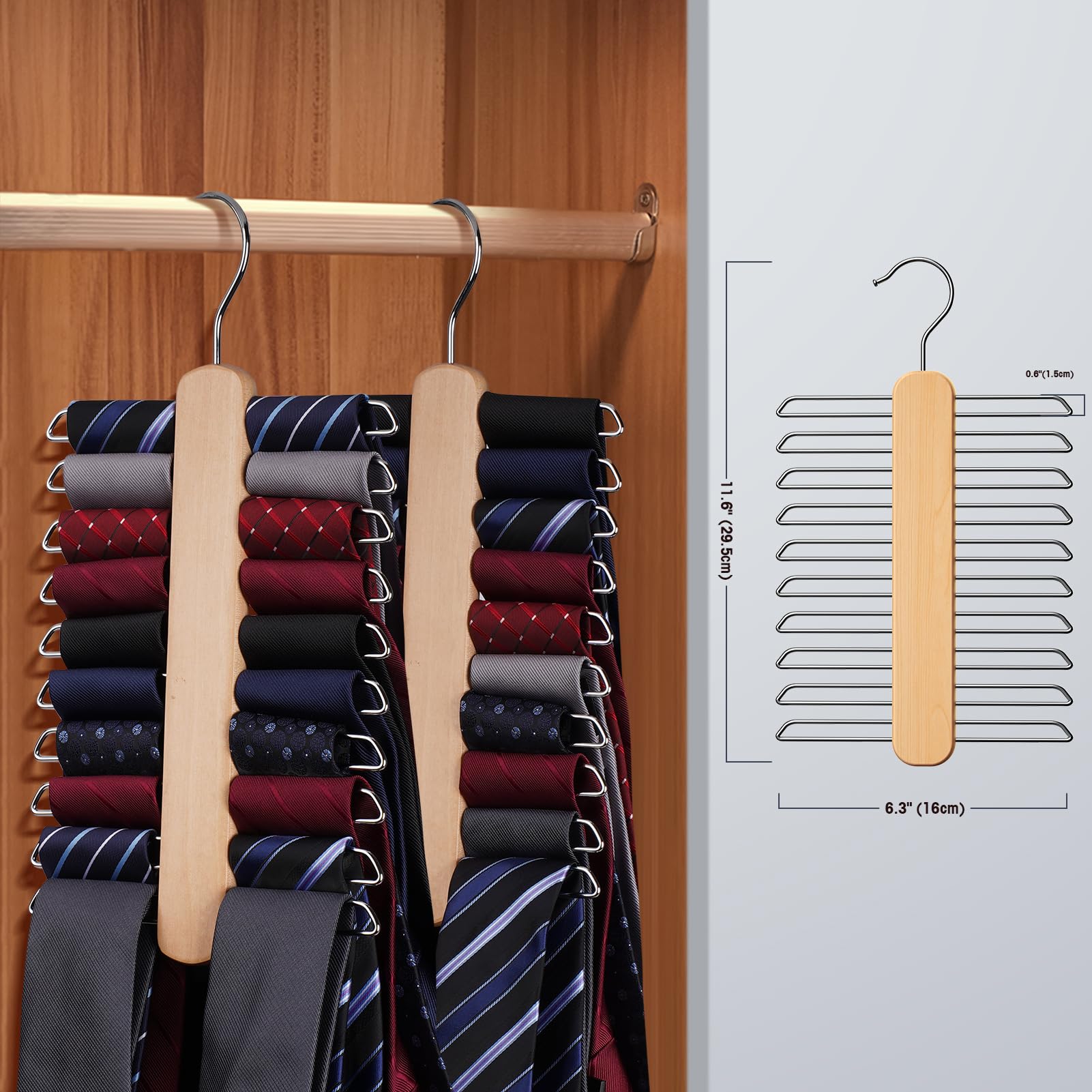 Uinicor Tie Hanger, Rust Resistant Wooden Necktie Organizer With 20 Swivel Hooks, 360 Degree Rotation, Space Saving, Ideal For C