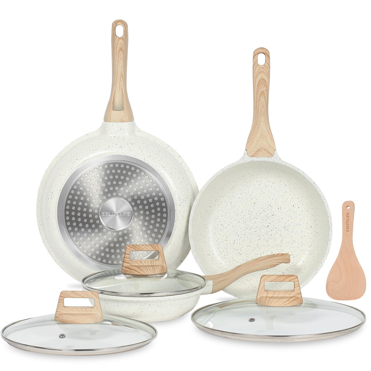 Eslite Life Nonstick Ceramic Frying Pan Skillet Set With Lids, Non-Toxic Egg Omelette Kitchen Cooking Pans Compatible With All S