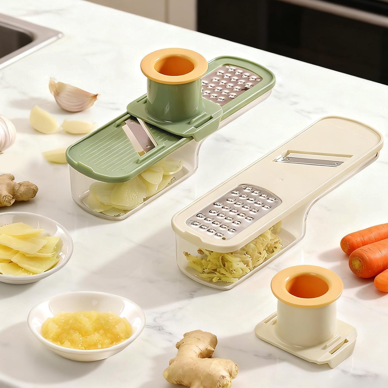 MultiFunction 3In1 Ginger Garlic Grater With Hand Guard And Storage Container | Mini Vegetable Mandoline Slicer For Garlic, G