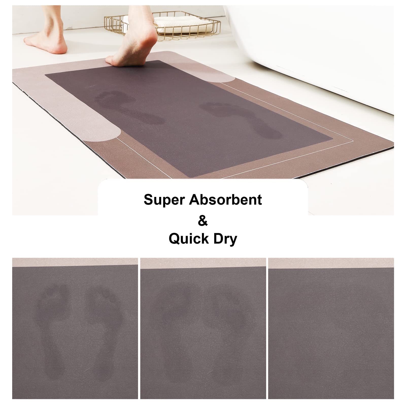 Hellotree 3Pcs Bath Mat Rug Rubber Non Slip Quick Dry Rug Sets Super Absorbent Thin Bathroom Rugs Fit Under Door Khaki Washable