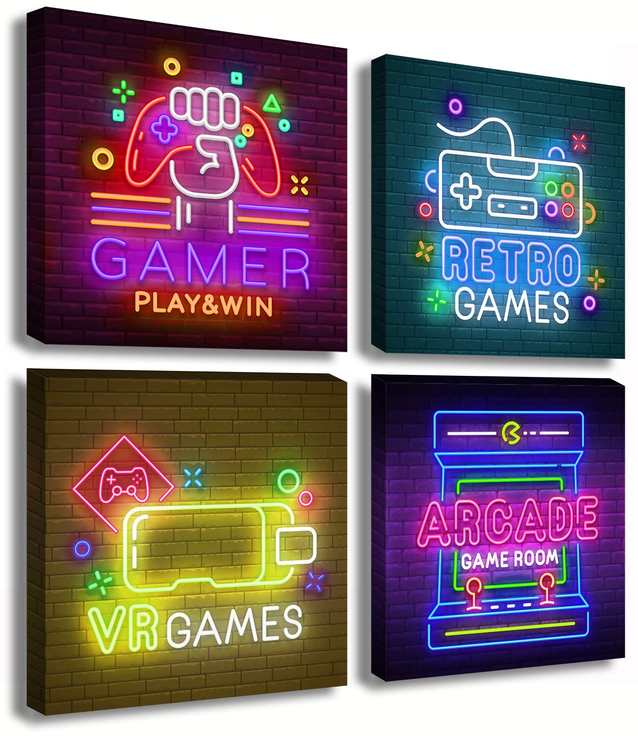 Game Room Decor Colorful Video Gaming Canvas Wall Art Neon Gamer Wall Decor For Kids Boys Bedroom Teens Playroom 4 Pieces Games