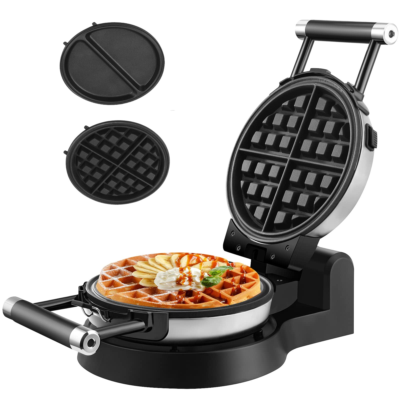 Health and Home 360 Rotating Belgian Multifunction Nonstick Baking Waffle Maker with 2 sets of Interchangeable Belgian Waffle and Omelet Baking plates