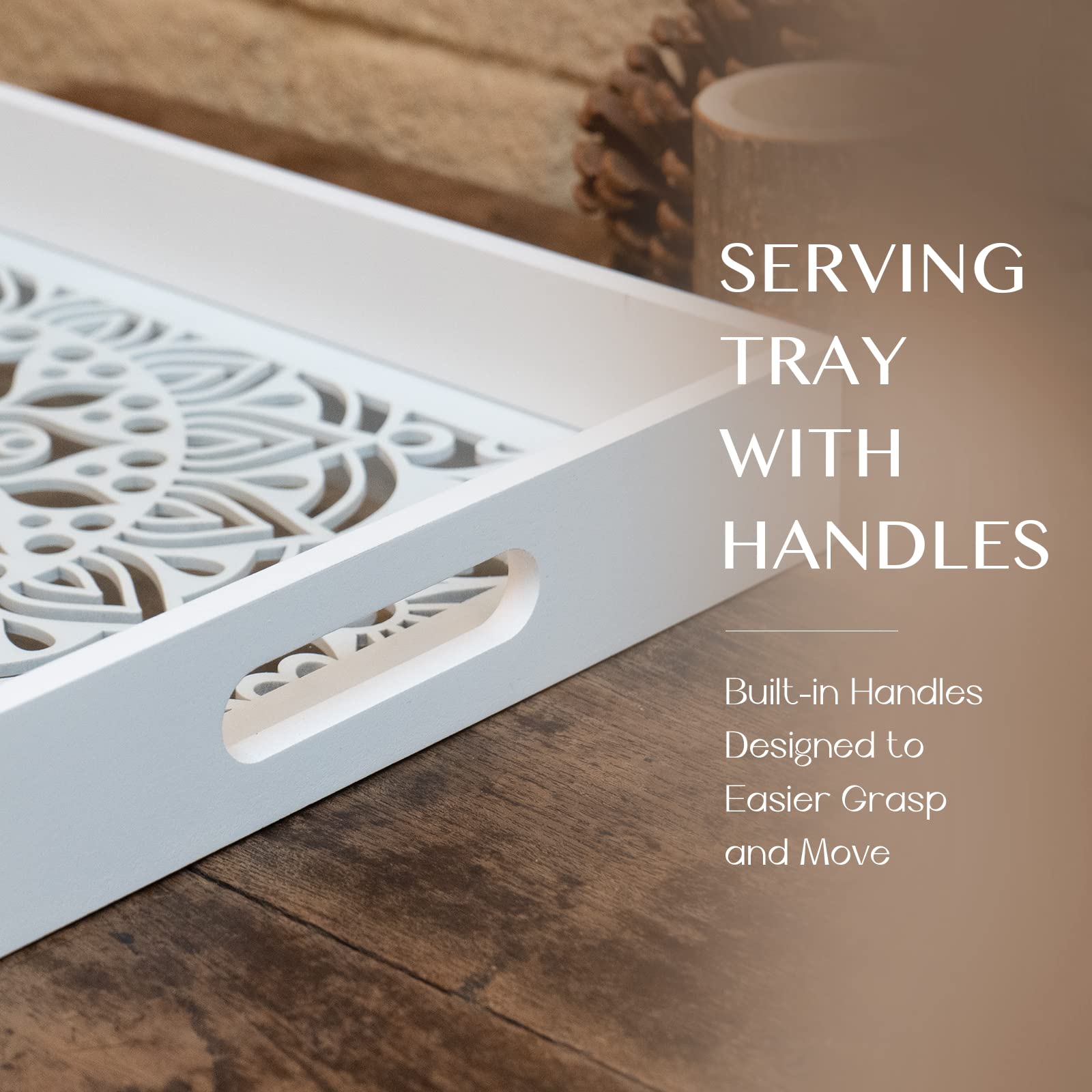 Linkove Wooden Serving Tray With Handles, White Wood Couch Ottoman Tray For Living Room, Decorative Tray For Coffee Table Kitche