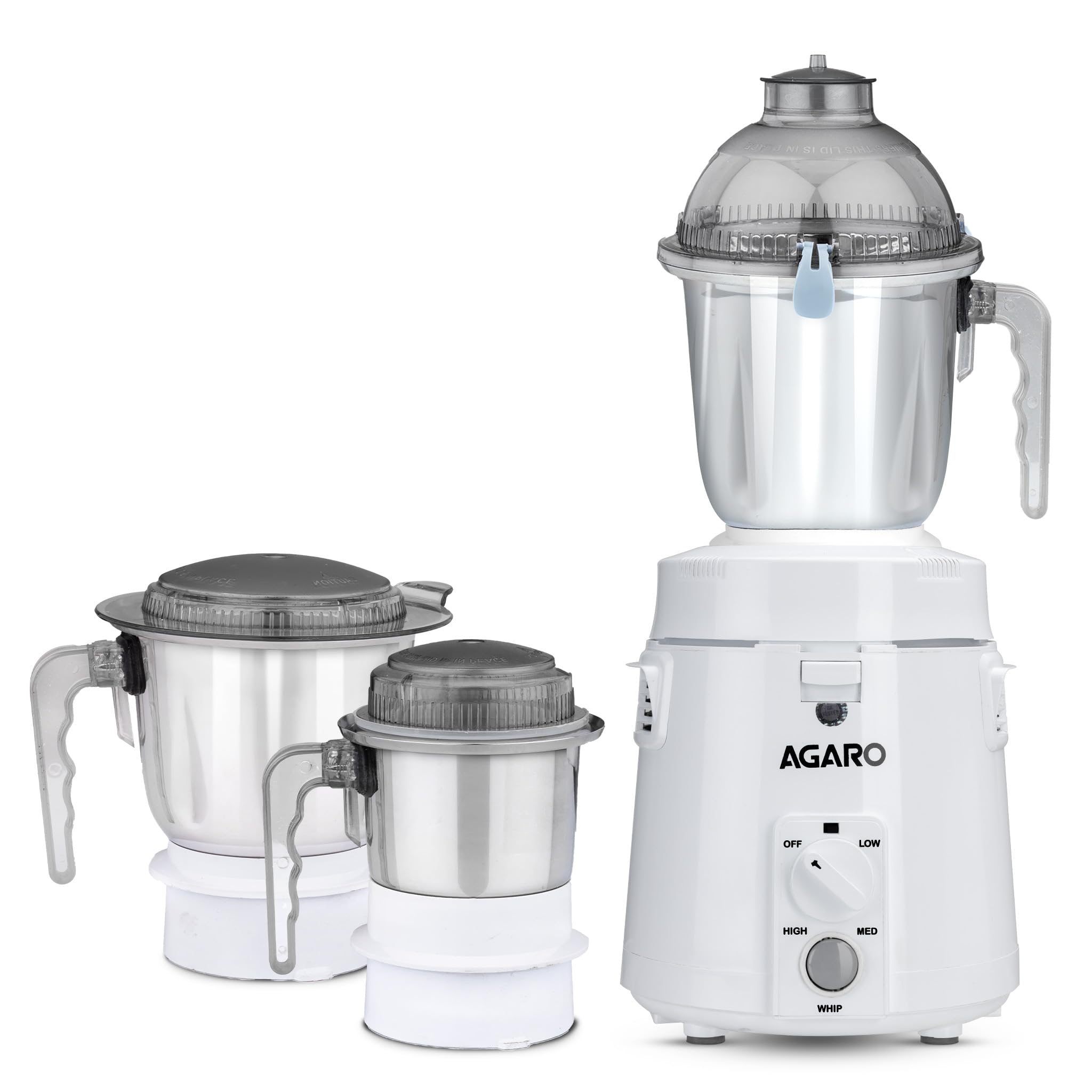 Agaro Royal Mixer Grinder 900W, Heavy Duty, 100% Pure Copper Motor, 3 Stainless Steel Jar, 3 Speed, Whip Function, Stainless Ste