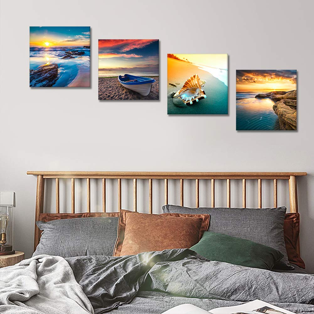 Artscope 4 Pieces Canvas Prints Wall Art - Sunset Seaside Scenery Picture Painting- Modern Wall Artwork Framed For Bathroom Home