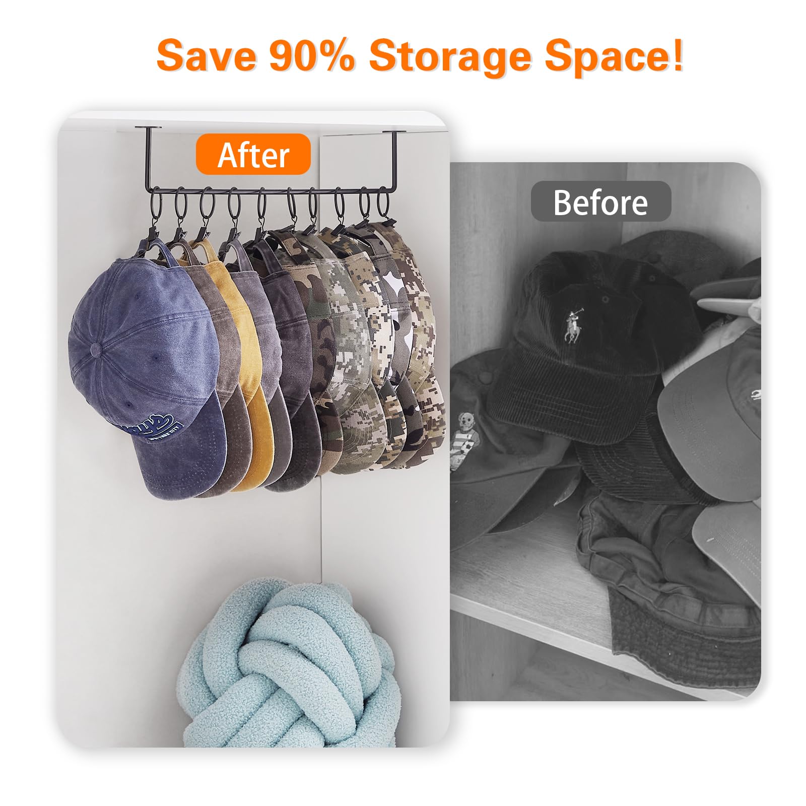 Hat Rack Wall Cap Organizer - Baseball Hat Racks Display Holder With 40 Hooks - Modern Metal Black Hats Storage Wall Mounted Cap