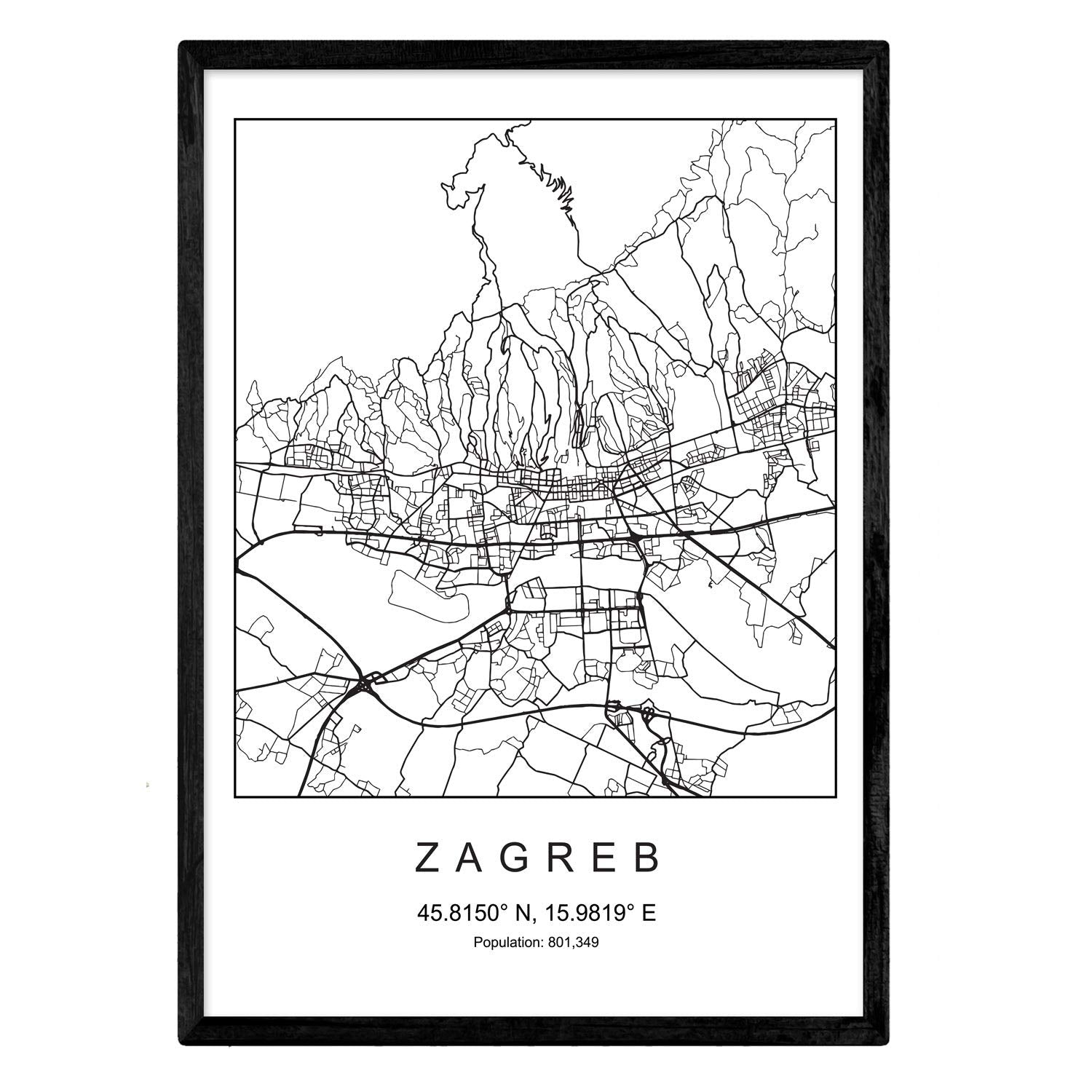 Nacnic City Map Sheet Zagreb Scandinavian Style In Black And White. Poster Size 8'X11' Printed Paper Unframed 250 Gr. Paintings,