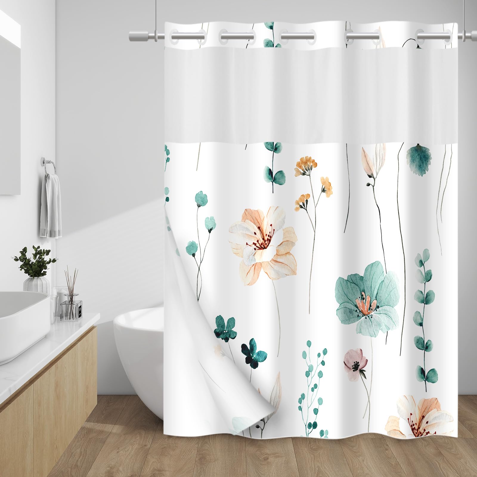 Withloc No Hook Shower Curtain With Snap In Liner - Floral Shower Curtain - Fabric Waterproof Inner Liner, Plants Watercolor Tea