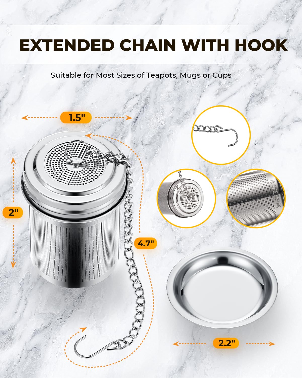 HOUSE AGAIN Extra Fine Mesh Tea Infuser, Stainless Steel Strainer with Extended Chain, Small, Silver, Model 14-02-0002