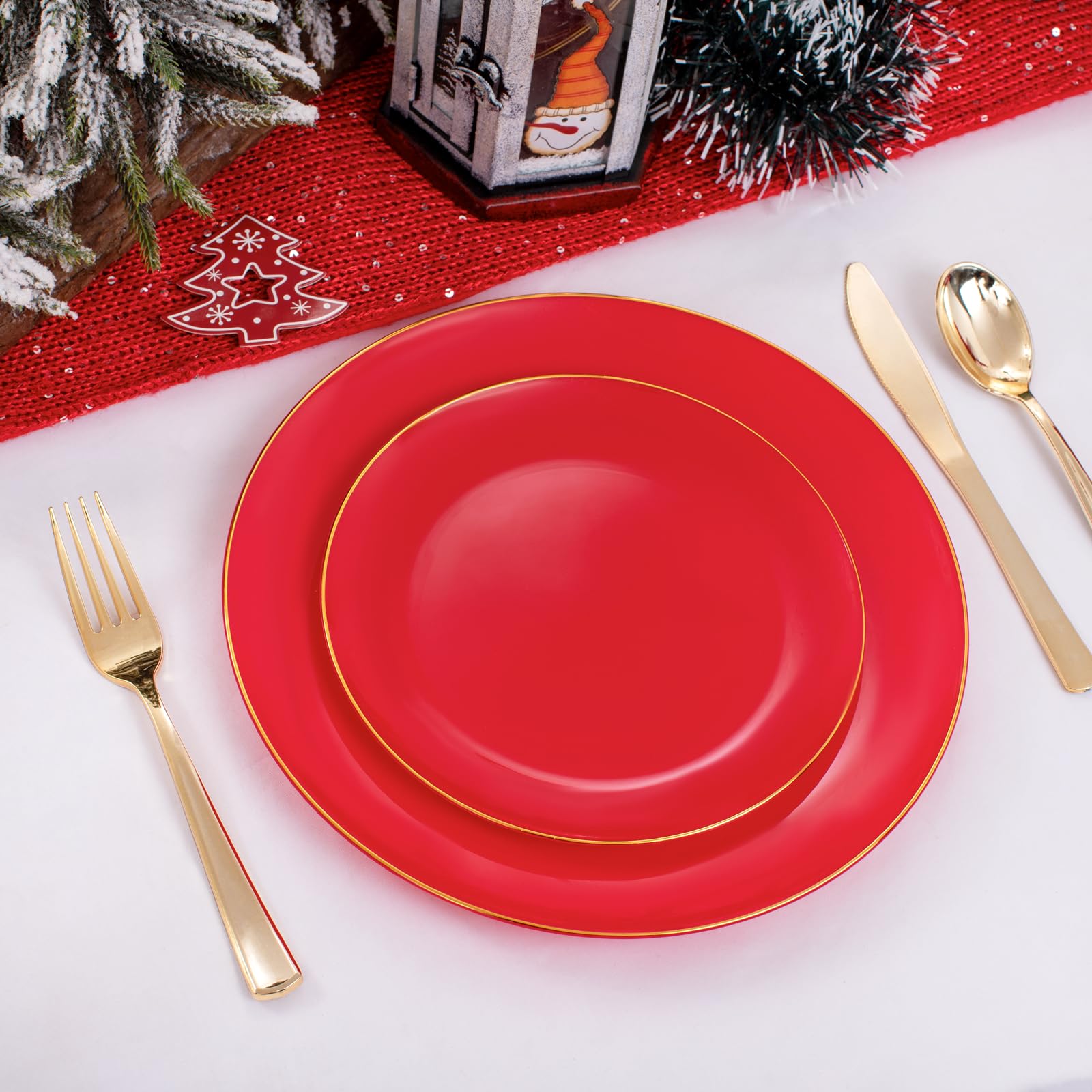 Pulote 100Pcs Red Plastic Plates - Heavy Duty Red Plates Disposable - Red Disposable Plates Include 50Pcs Red Dinner Plates 10.2