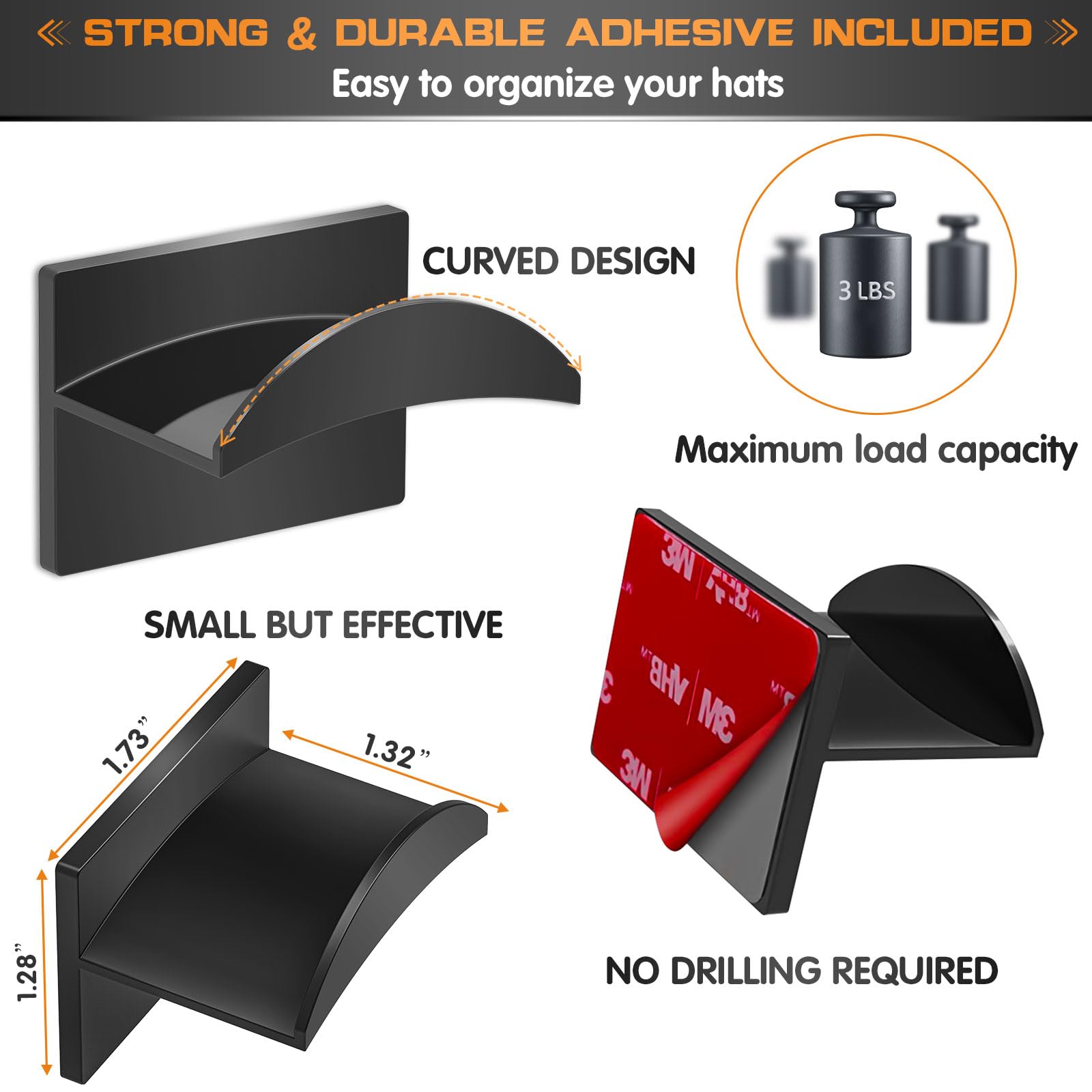 Qteeyou Adhesive Hat Hooks For Wall (12 Pcs) - Hat Racks For Baseball Caps, Minimalist Hat Rack Design, Strong Hold Hat Hangers,