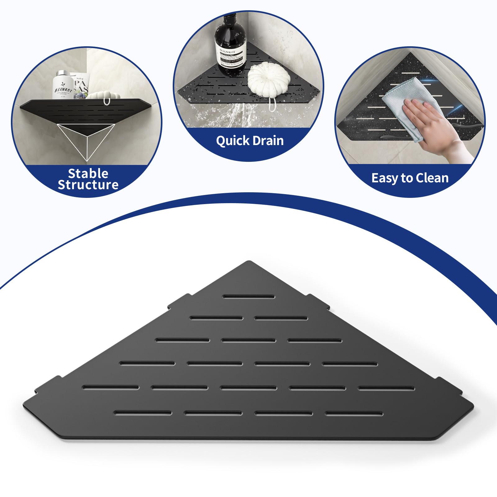 Bernkot Corner Shower Shelf 10'' Matte Black 304 Stainless Steel Pentagonal Heavy Duty Floating Corner Sheves Slot Design Recess